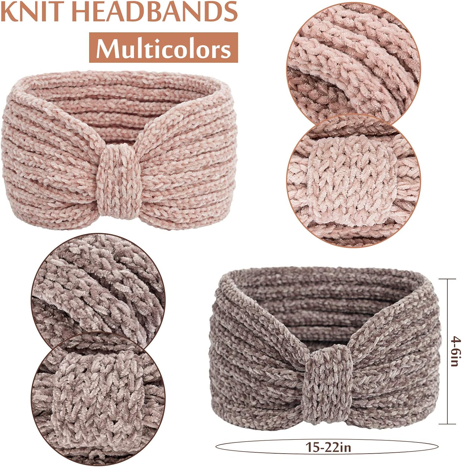 Whaline Winter Knitted Headband Bow Twisted Hair Bands Thick Chenille Ear Warmer Crocheted Turban Head Wraps Elastic Hair Band Accessories for Girls Women Christmas 4 Pack (Beige - Image 3