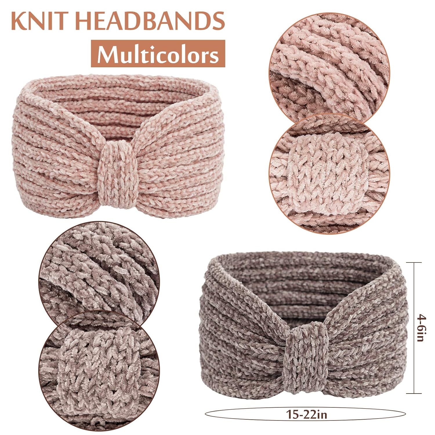 Whaline Winter Knitted Headband Bow Twisted Hair Bands Thick Chenille Ear Warmer Crocheted Turban Head Wraps Elastic Hair Band Accessories for Girls Women Christmas, 4 Pack (Beige, Pink, Gray, Brown)