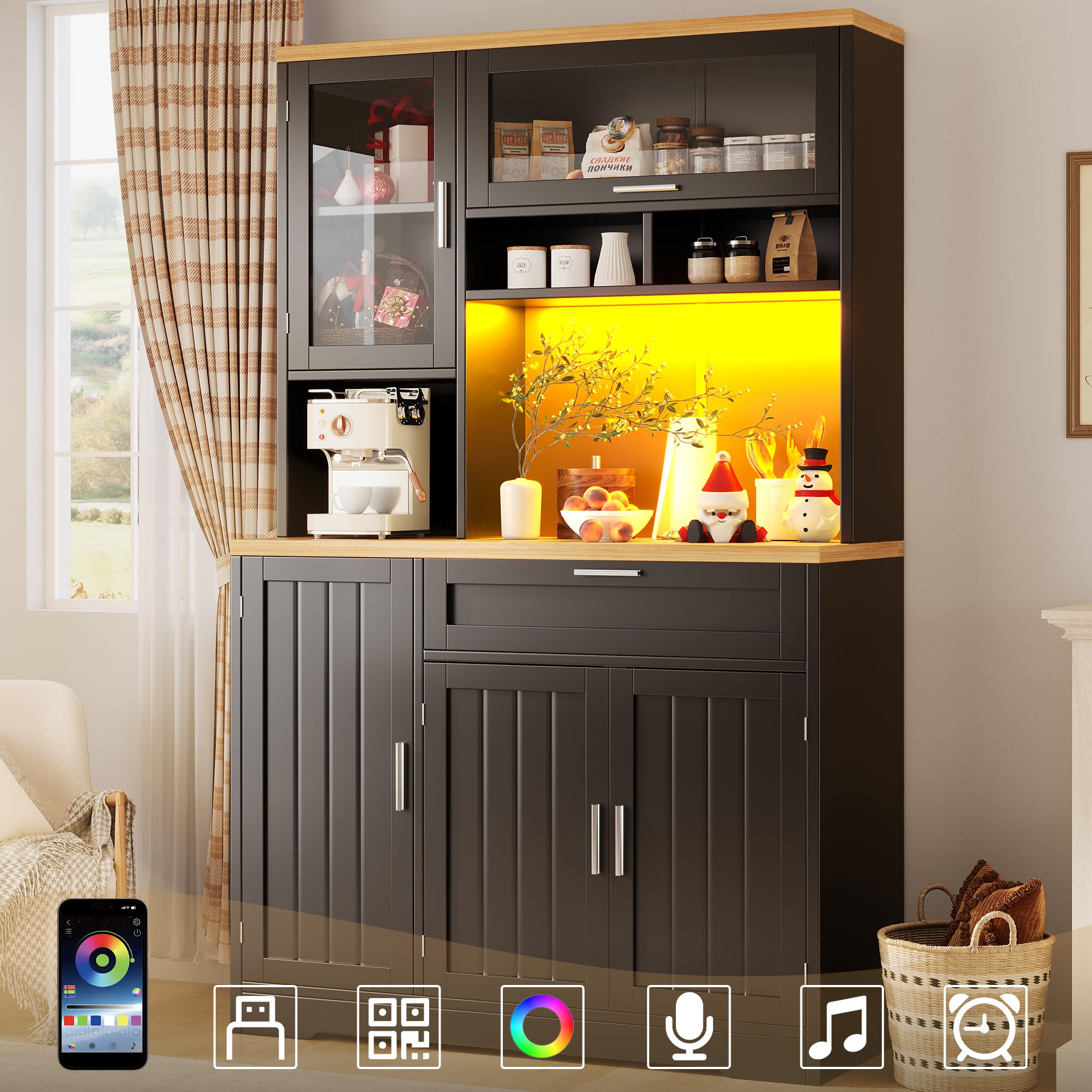 Kebnor Küchenschrank, Hochschrank/Vitrine mit LED-Beleuchtung, 104x40x180 cm, für Küche & Wohnzimmer (weiß)