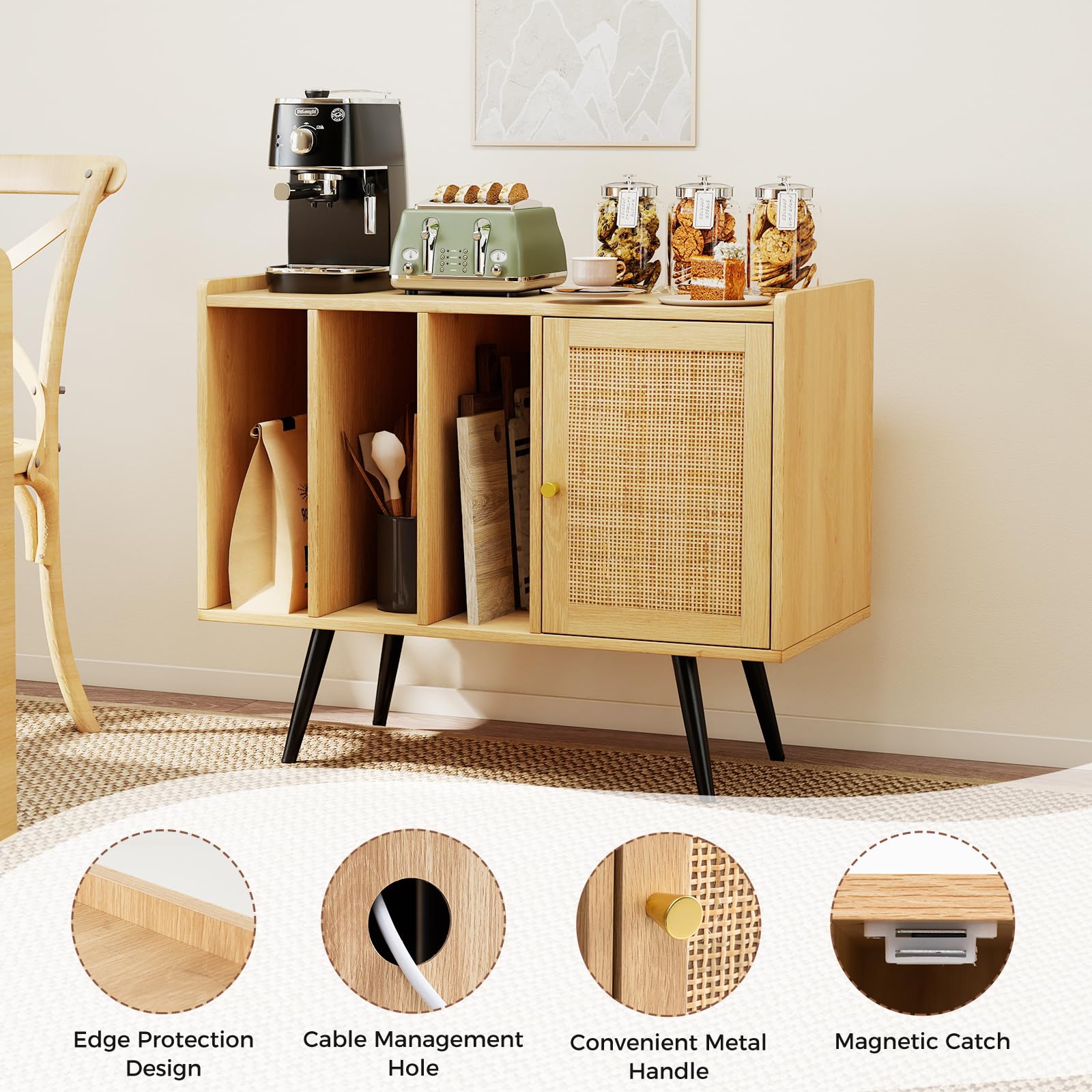 KOMFOTTEU Soporte para Tocadiscos con Estación de Carga, Mueble para Discos de Vinilo con 3 Estantes Abiertos y Armario con Puerta de Ratán, Mesa Auxiliar para Álbumes con Estante Ajustable (Natural)