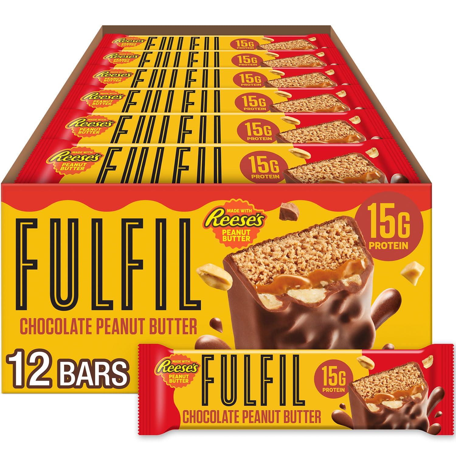 (BEST BY 08/2026) FULFIL Chocolate Peanut Butter Flavored Protein Bar Made with REESE's Peanut Butter, Gluten Free with 15g Protein, Pantry Staples, 12 Count