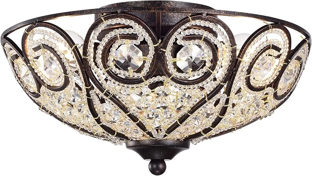 Ceslee 3-Light Rustic Bronze Flushmount Ceiling Lamp with Heart Scroll Crystal Shade