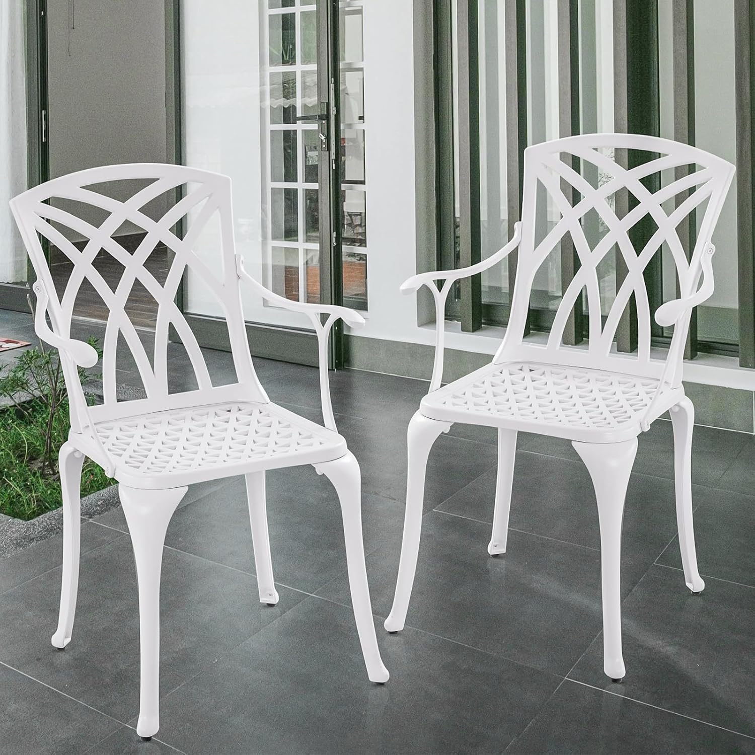 Outdoor Patio Chairs Set of 2, High Back Bistro Chairs Set of 2 with Armrests, Cast Aluminum Metal Patio Dining Chairs for Garden Deck Backyard, Vintage Green