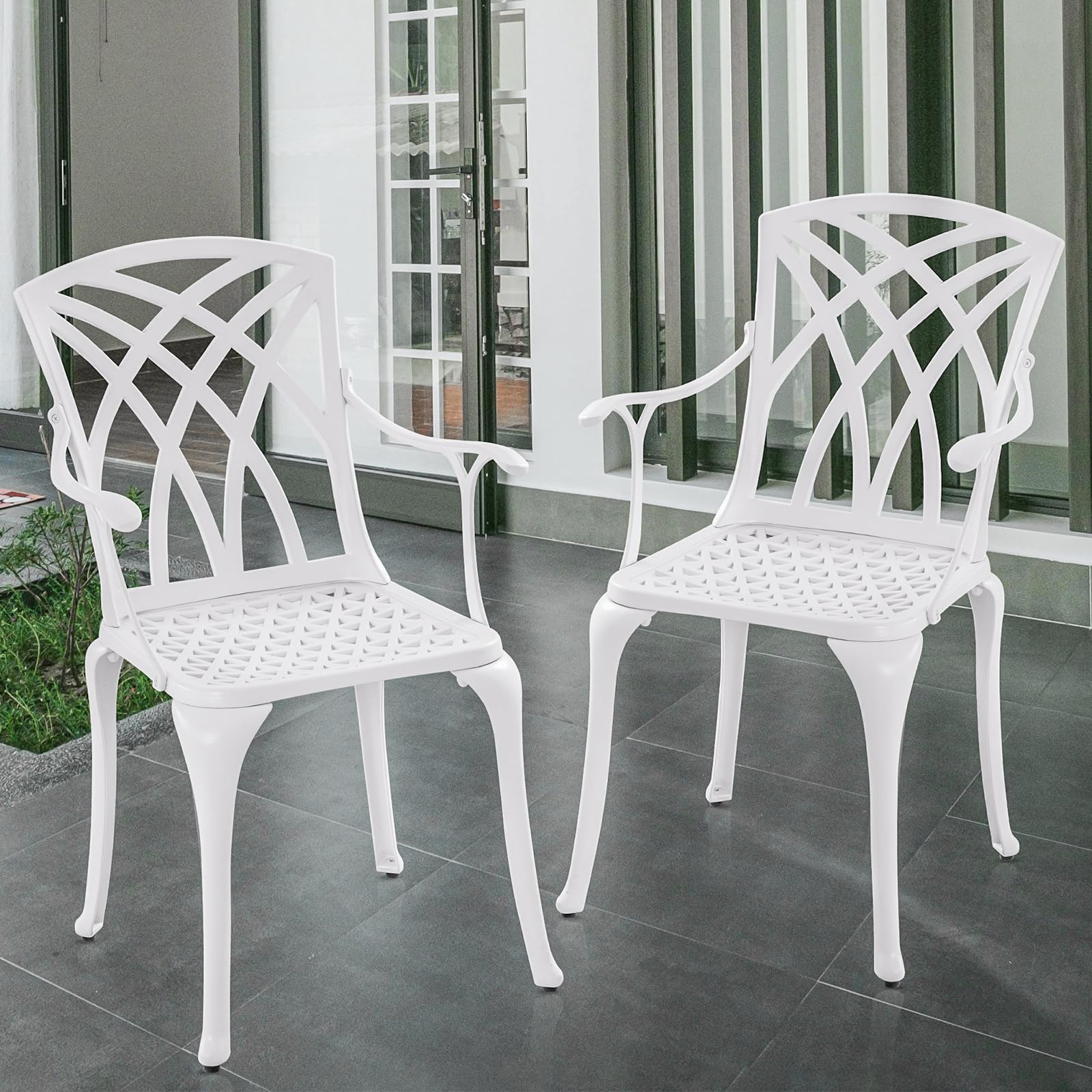 Withniture Cast Aluminum Patio Chairs Set of 2, All Weather Outdoor Bistro Chairs with Armrest, White Metal Outdoor Dining Chairs for Garden, White