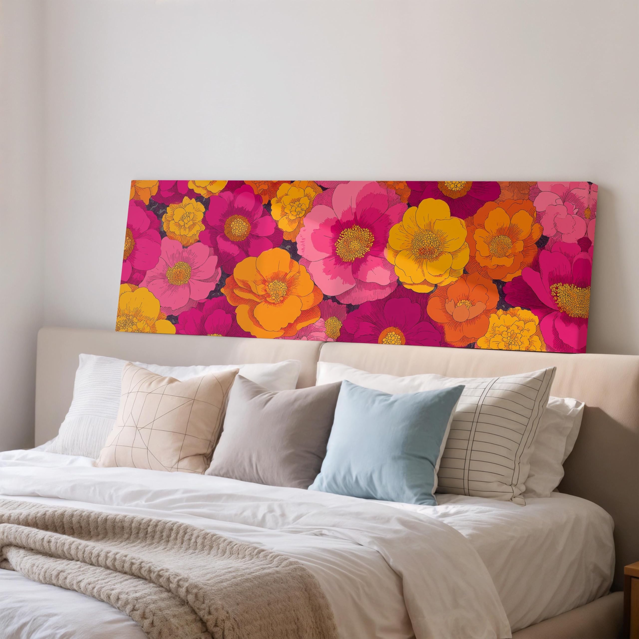 YUSUZHU Colorful Floral Canvas Wall Art, Wide Panoramic Wall Decor, Pink and Yellow Flower Pattern, Garden Flower Canvas Painting(35x105cm/Inner Frame)