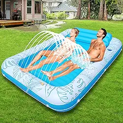 Espreguiçadeira inflável extra grande de 216 cm x 144 cm com irrigador e suporte de copo, jangada de piscina adulto para quintal, praia ou lago, rosa/azul – PVC durável, suporta 199 kg