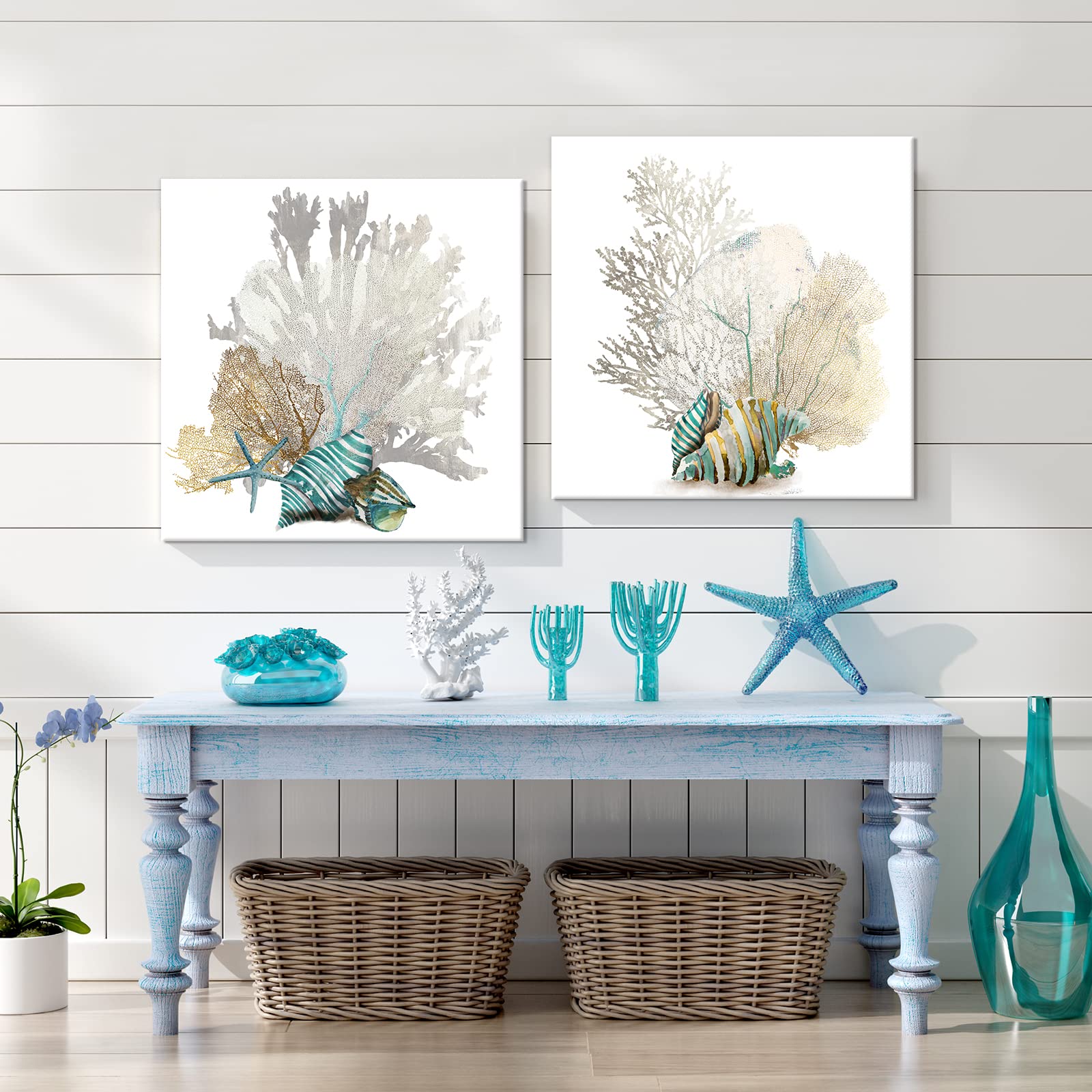 JAPO ART White Coral Wall Art Modern Teal Seashell Beach Prints Sea Fan corals Painting Artwork
