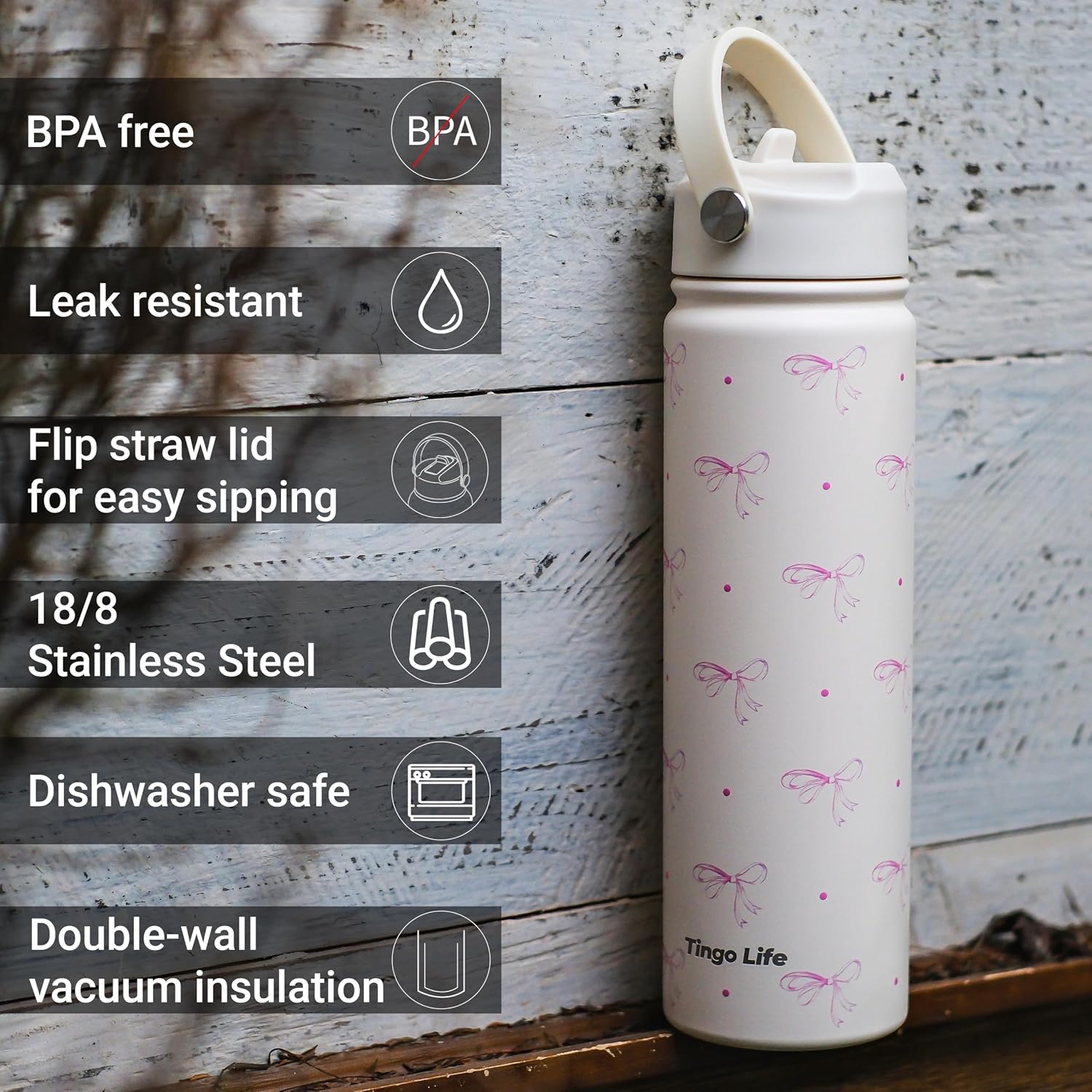 25oz Insulated Stainless Steel Pink Water Bottle - 2 Lids Included (Straw + Spout Lids), Leakproof BPA-Free, Cute Pink Bow Design, Perfect Gym/Yoga/Office Companion