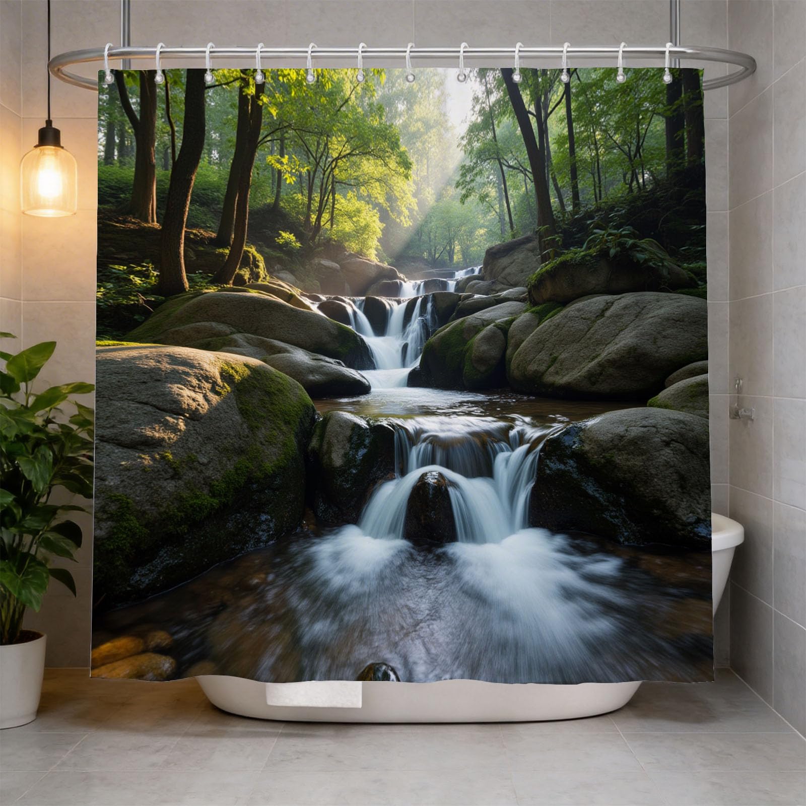 Hongduo 3D Waterfall Shower Curtain for Stalls Bathtubs Jungle Bathroom Decor Shower Curtain Set Polyester Fabric Waterproof 180x200cm/71X79 Inch with Hooks