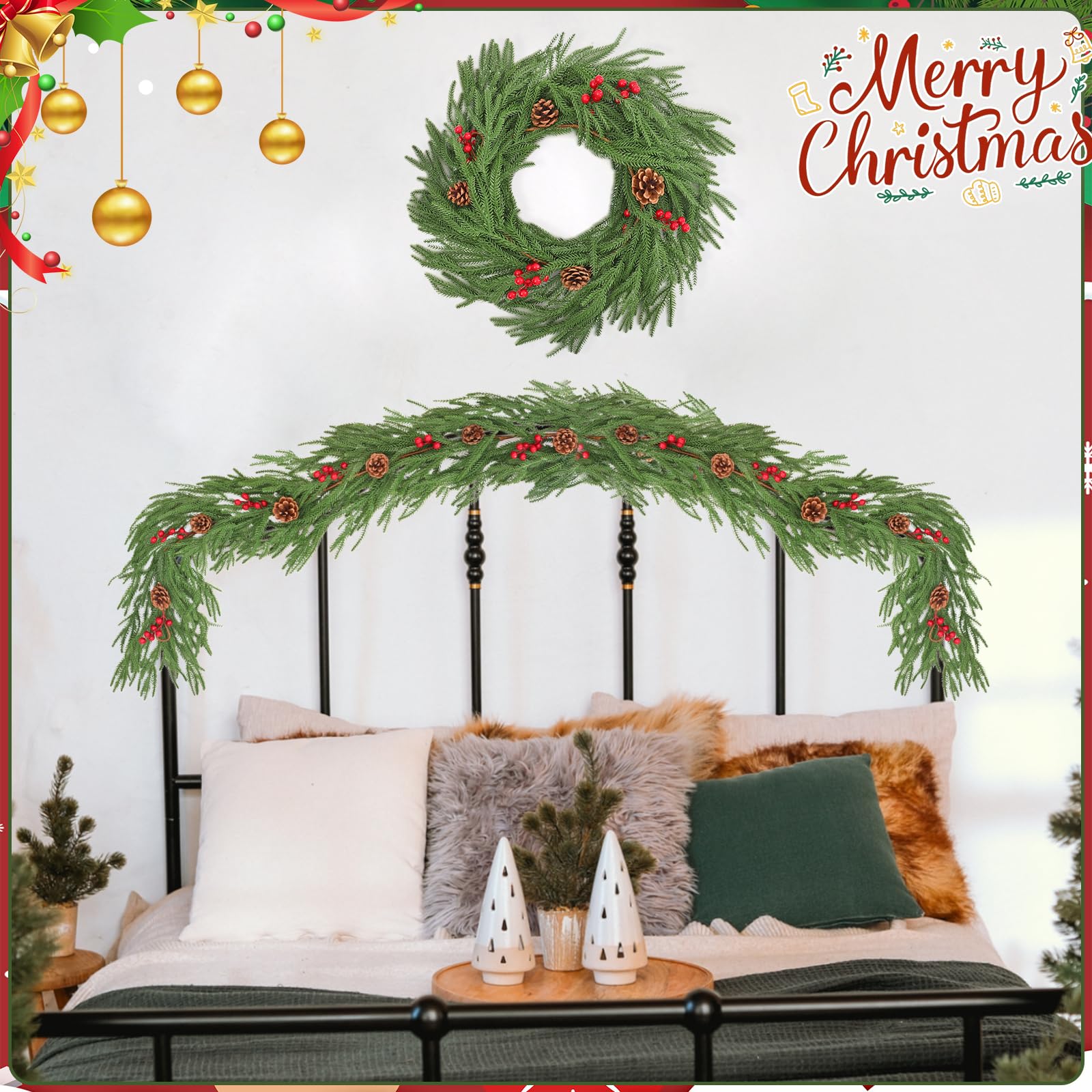 Lot de 2 guirlandes de Noël de 1,8 m avec Baies Rouges et Pommes de pin artificielles pour Sapin de Noël, Maison, Vacances, décoration
