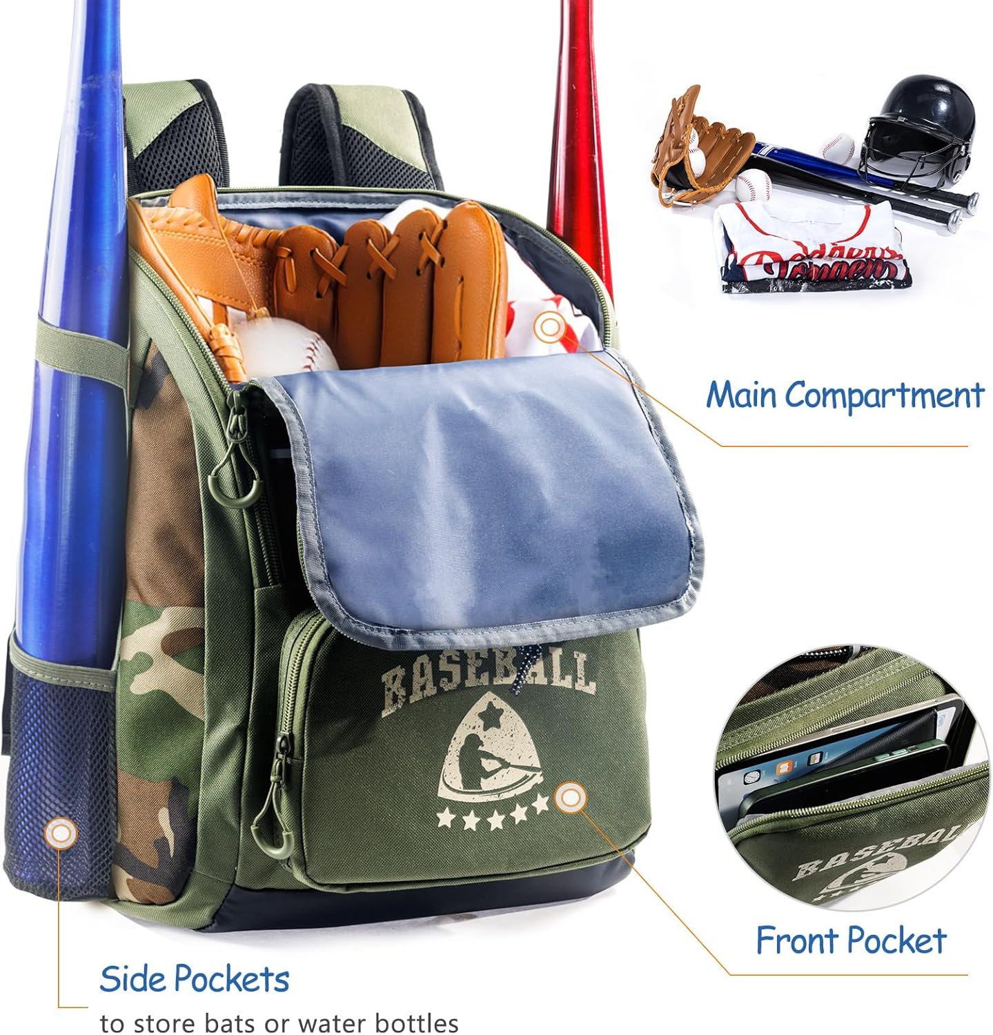 Baseball Bag for Youth & Adult with 4 Bat Sleeves - Softball Bat Bag with Shoe Compartment - Baseball Backpack for T-Ball, Softball Equipment, Baseball Gear, Baseball Bags for Boys 8-12