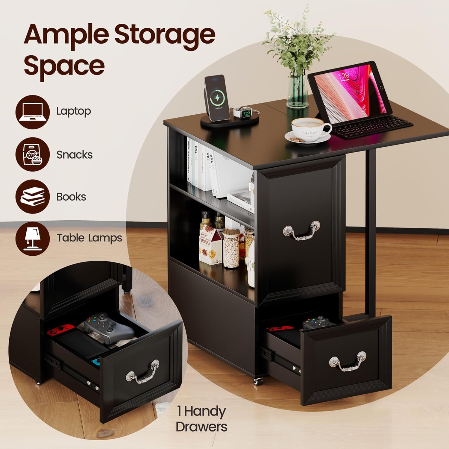 Side Table with Charging Station and LED Lights, 27.5" Tall Rolling End Table with Drawers and Shelves, Narrow Nightstand with Wheels for Small Space, Living Room, Bedroom, Black