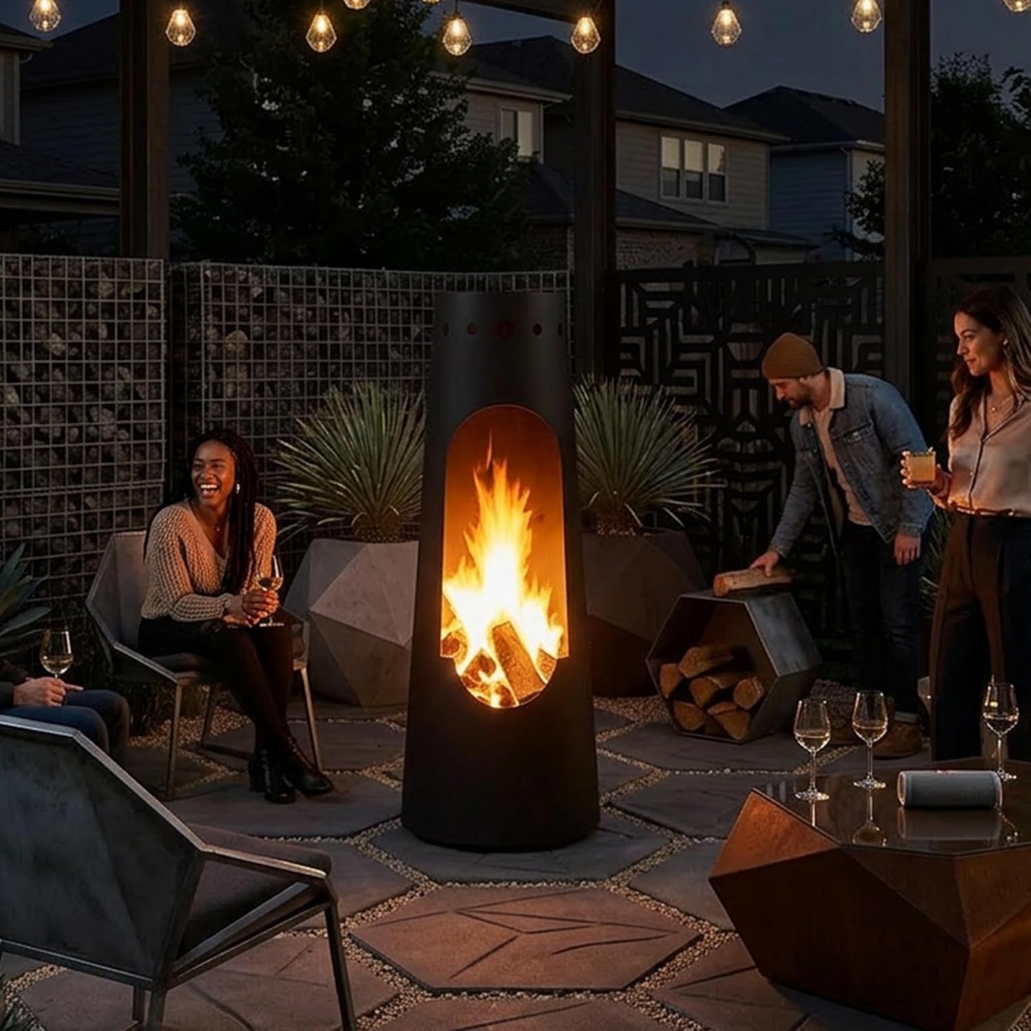 Sunnydaze Santa Fe 50-Inch Chiminea Outdoor Fire Pit - Wood-Burning Chiminea Outdoor Fireplace with Wood Grate - Black