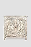 Jofran Global Archive Hand Carved Mango Wood Accent Chest Cabinet, 32" Weathered White, Fully Assembled Farmhouse Storage
