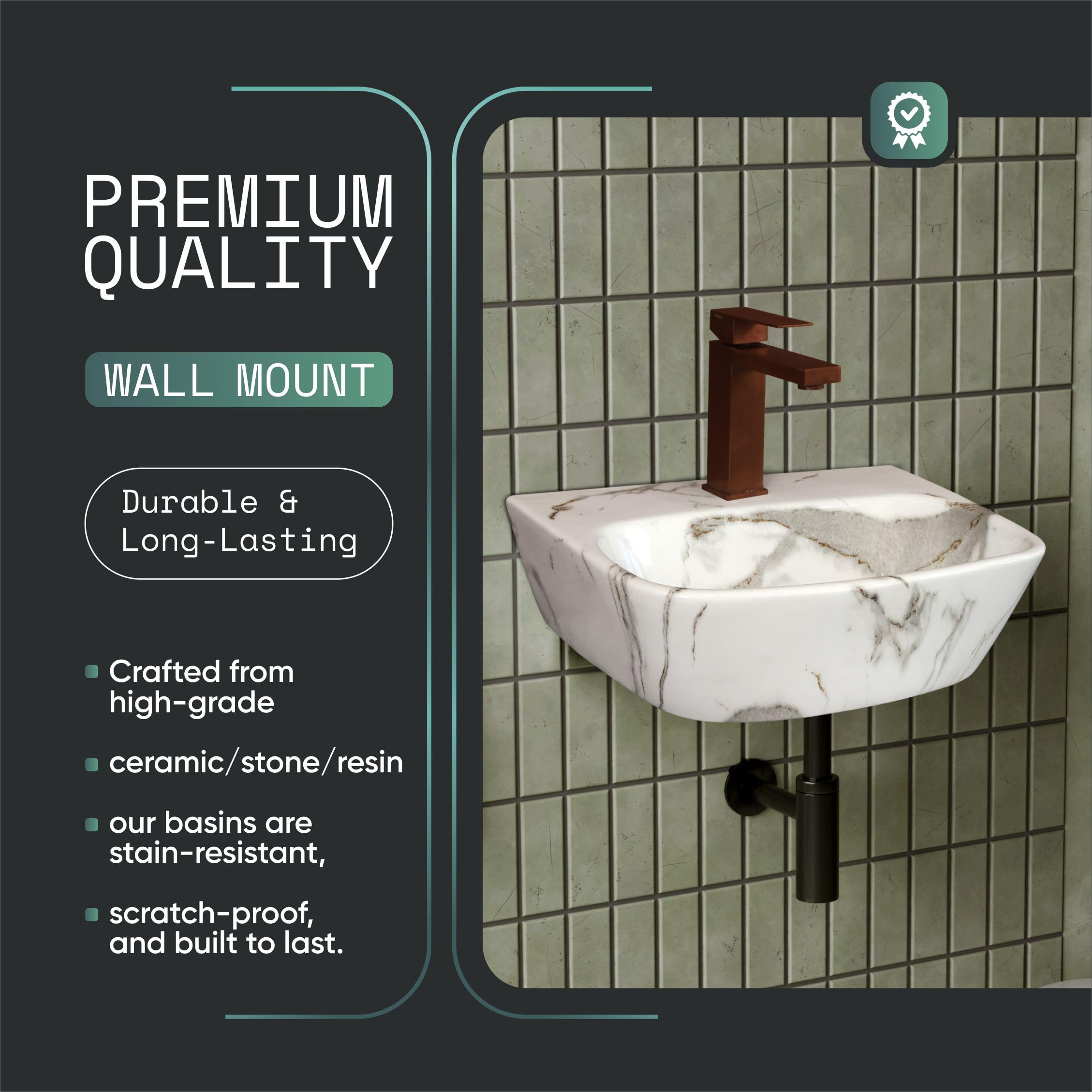 HISRE Wall Mount Wash Basin 17 x 12 x 5 Inch | White Grey Marble Finish Ceramic Sink | Modern Rectangular Bathroom Basin for Home, Office, and Hotels, photo 5 of 5
