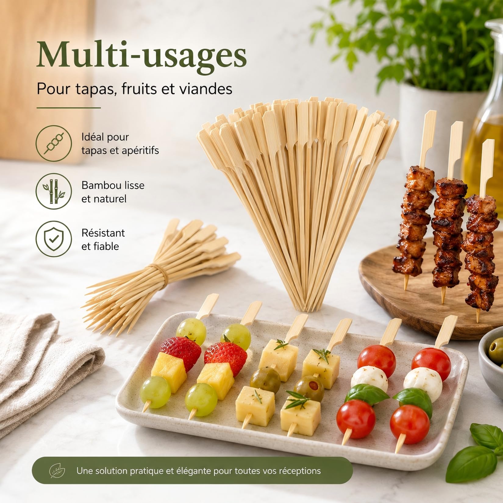 Lot de 100 Pics Brochette en Bambou 15 cm, Bâtonnets Naturels pour Barbecue, Bâtonnets Cocktail, Piques Apéritif Et Barbecue, pour Fruits, Viandes Et Tapas