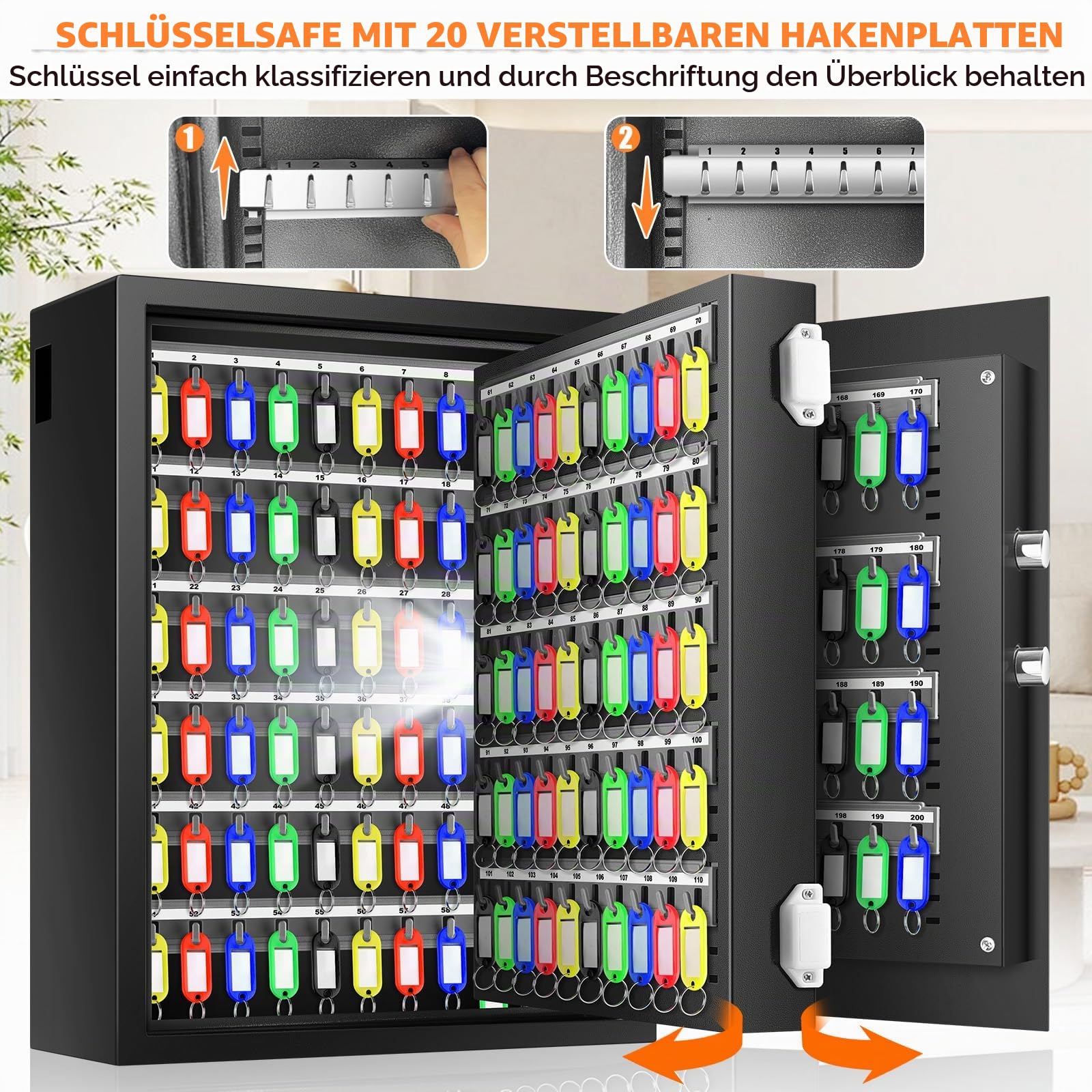 Mejasg Feuerfester Schlüsselkasten mit Zahlencode für 200 Schlüssel, Schlüsseltresor Schlüsselsafe mit Seitlichem Schlüsseleinwurf und Verstellbarer Schlüsselleiste, Schlüsselschrank für Büros Lager