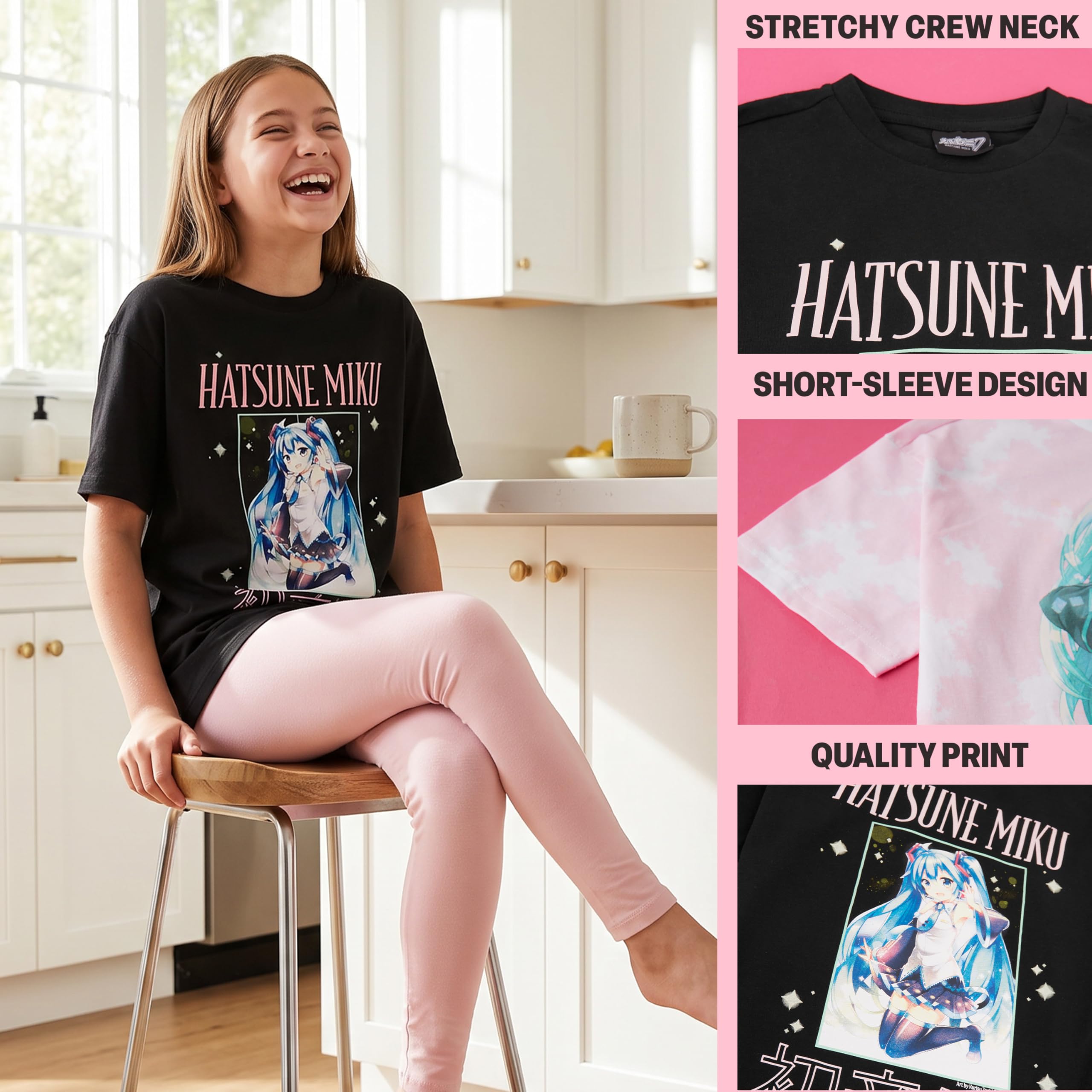 Hatsune Miku Camiseta Niña Manga Corta 7-16 Años, Pack 2 Camisetas 100% Algodón, Ropa de Verano Cómoda para Uso Diario, Regalo Niñas (11-12 Años, Rosa/Negro)