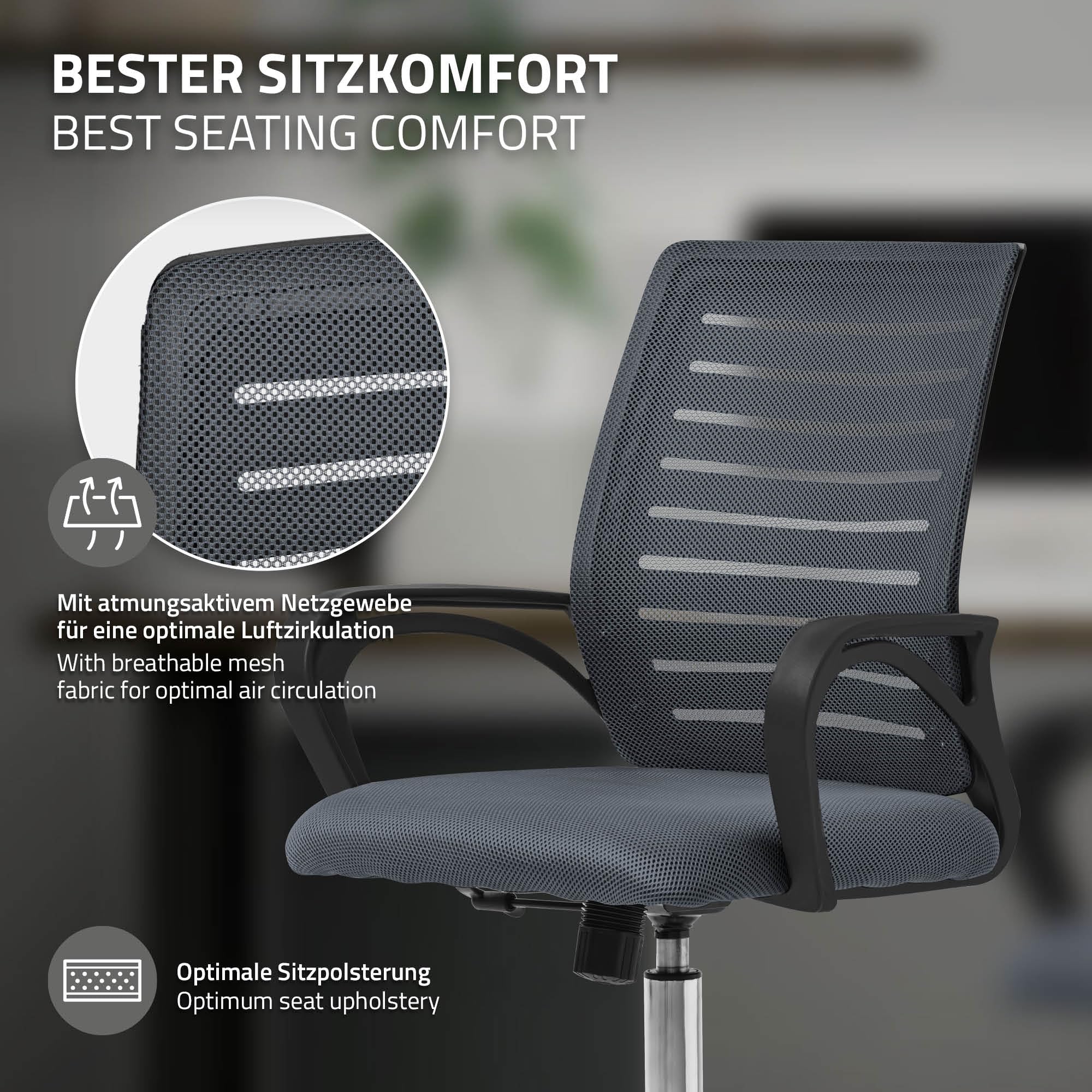 ML-Design Sedia da Ufficio Ergonomica Grigio con Schienale in Rete Reclinabile Regolabile in Altezza con Braccioli Seduta Imbottita a Schiuma Telaio in Acciaio Cromato Poltrona Girevole con Ruote