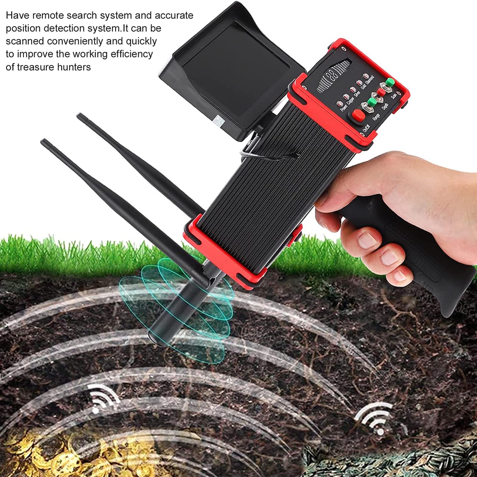 Detector de metales con pantalla LCD, doble varilla ajustable, profundidad de 20 m, alcance de 1000 m, identificación de 360° para caza de tesoros en la playa