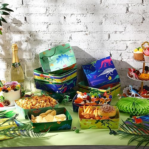 Miniatura 2 de Tioncy Paquete de 48 bandejas de papel para fiesta de dinosaurios, diseño de fósiles de dinosaurios, bandejas de papel de 5 libras, botes de comida