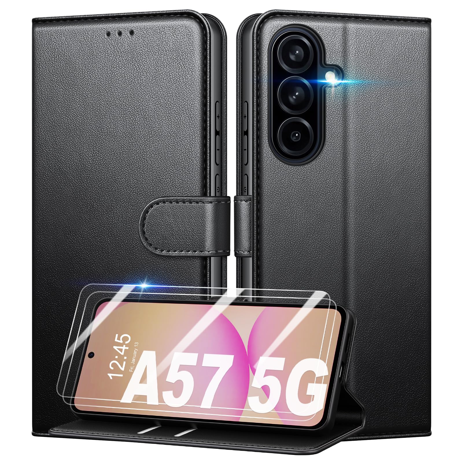 Etui do Samsung Galaxy A57 5G 2 sztuki ze szkła hartowanego, blokada RFID: etui ochronne premium ze skóry PU, [przegródki na karty] Etui portfelowe z klapką - czarne