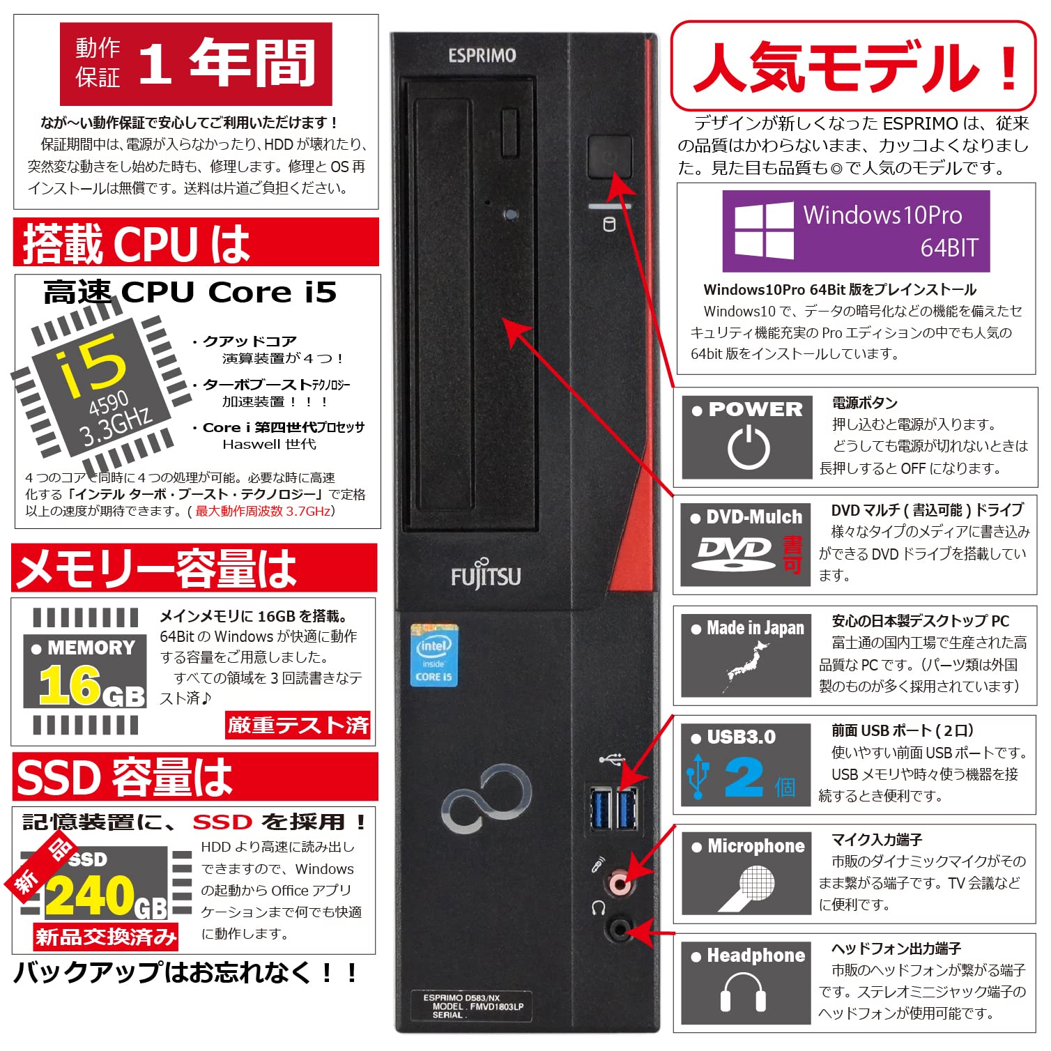Amazon.co.jp: 中古パソコン Windows10 デスクトップ 一年保証 富士通 