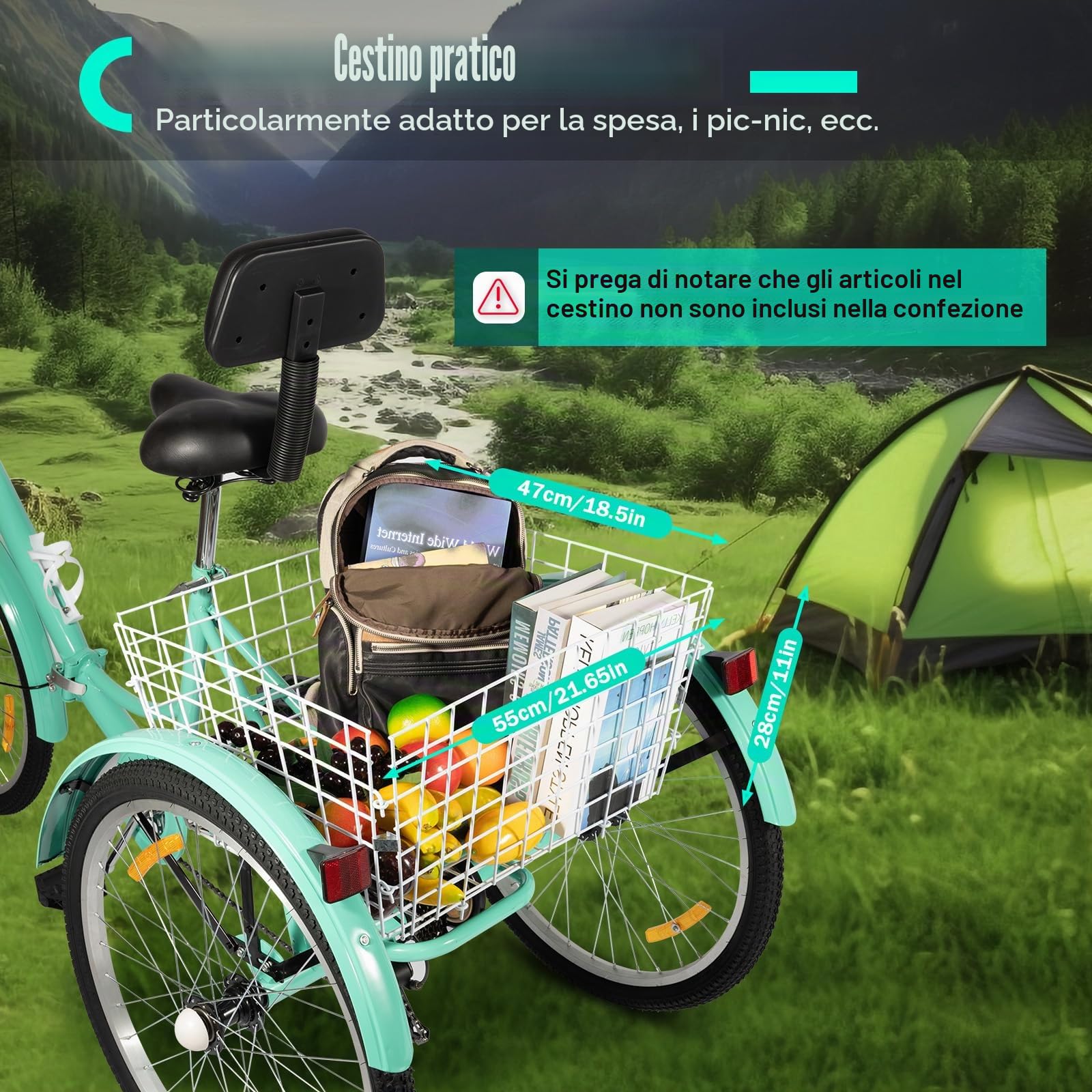 24" triciclo per adulti, triciciclo a 3 ruote, 7 marce con luce a LED, cestino per verdure e portabicchiere, triciclo pieghevole, bicicletta pieghevole, mobilità per lo shopping, city bike.