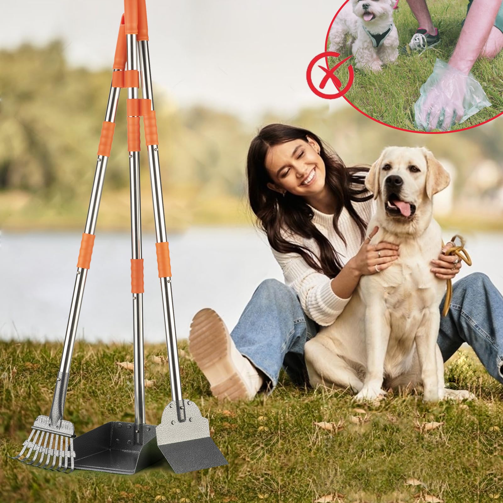 BANORES Pelle à déjections canines à long manche en métal inoxydable pour chiens de petite, moyenne et grande taille, facile à nettoyer, utilisation pour la cour, l'herbe, la saleté ou le gravier