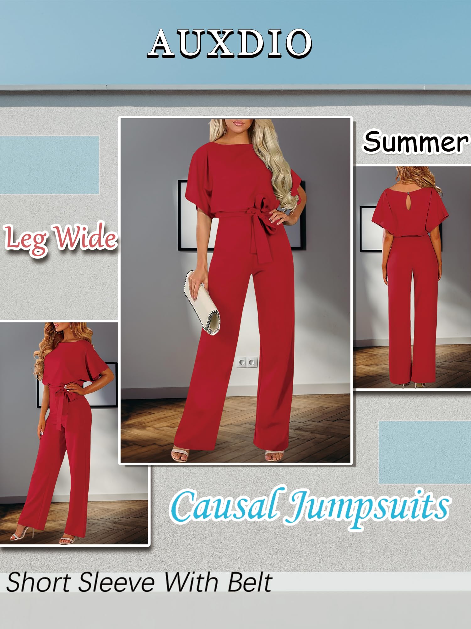 AUXDIO Tuta da donna casual a maniche corte con scollo rotondo e cintura a gamba larga, Rosso, Medium