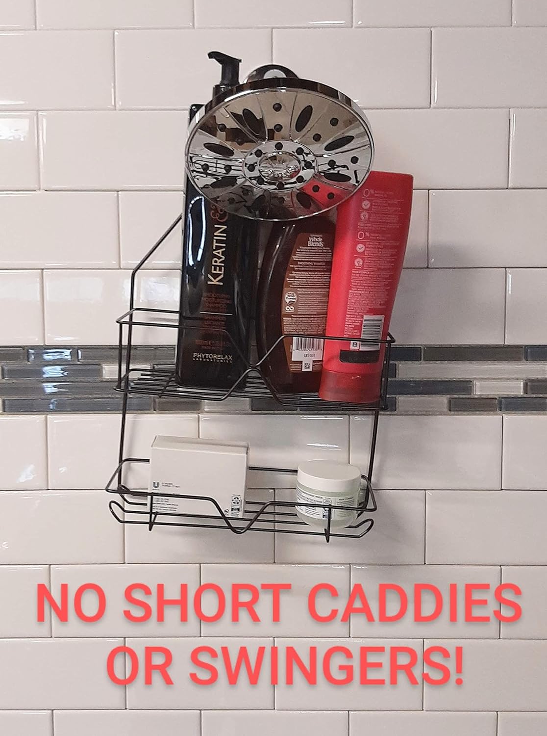 Gecko-Loc Extra Long Adjustable Hanging Shower Organizer with Deep Shelf - Over-the-Showerhead Storage for Shampoo, Soap & Bath Essentials - Durable Shower Shelves & Rack for a Tidy Bathroom (Bronze)