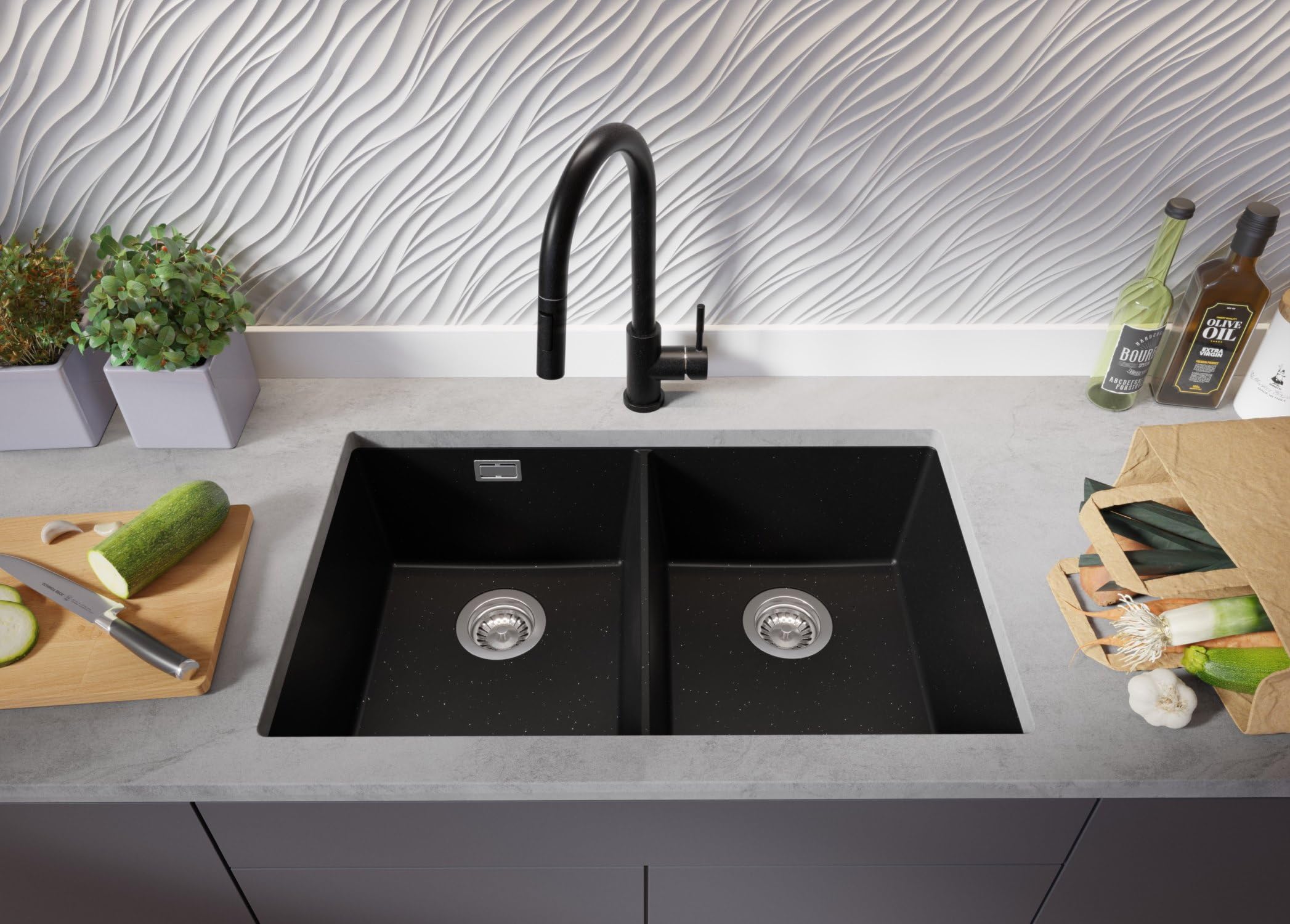 PRIMAGRAN Fregadero bajo Encimera Negro Metallic - London Twin, 76x47cm | Cocina 2 Senos + Sifón, Granito al Mueble 80cm (S004)