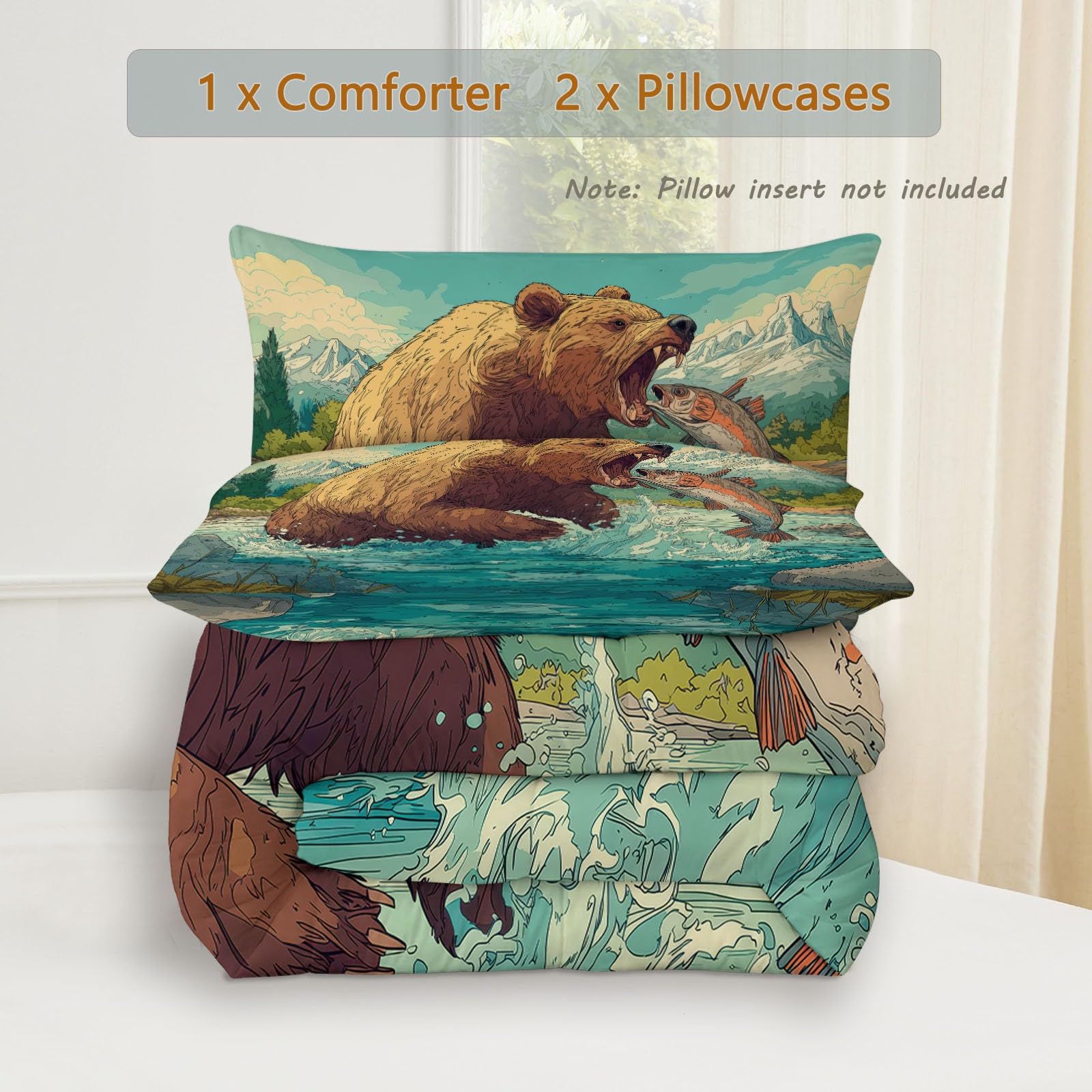Trapunta 140 x 200 cm, con stampa di cartoni animati animali della giungla orso marrone reversibile, Edredon Piumino con 2 federe, per estate inverno adulto tutte le stagioni, marrone