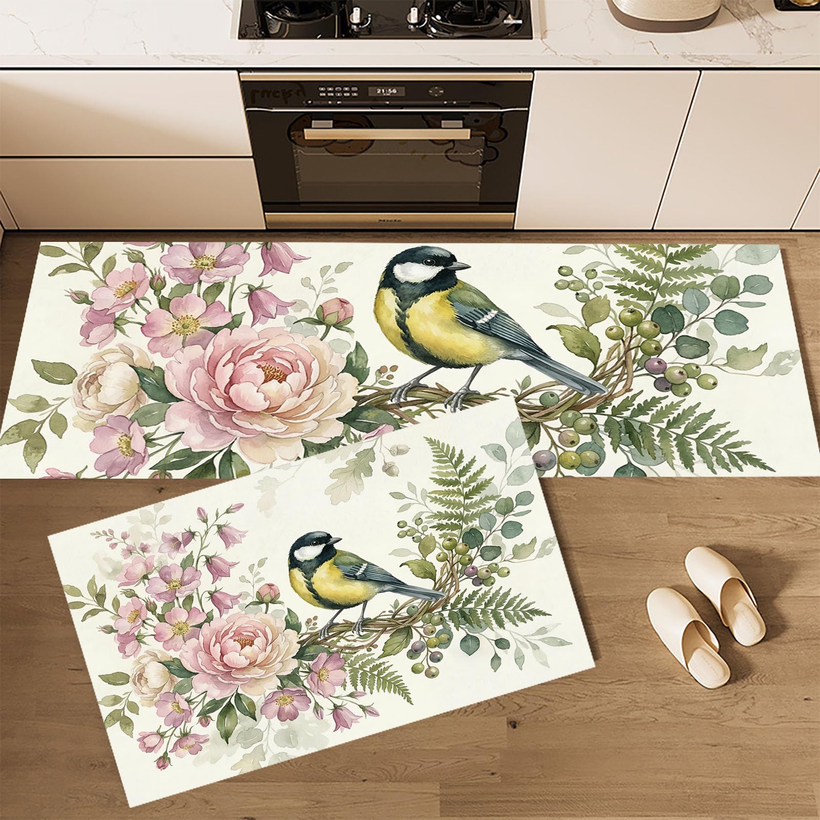 Alfombras y tapetes de cocina beige de 2 piezas con diseño de plantas de acuarela
