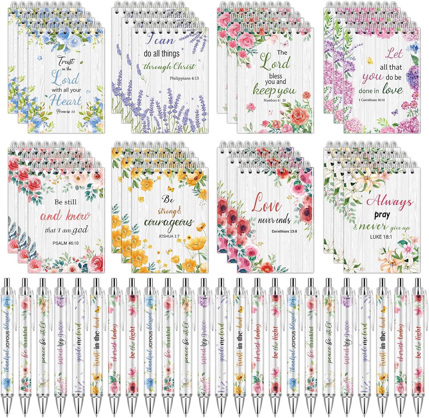 Lebsitey 48 Pcs Christian Gifts for Women Christian Notepads Bible Verse Pens Bible Verse Notepads with Scripture Ballpoint Pens Religious Gifts Set for Sunday School Church Coworker Office Supplies