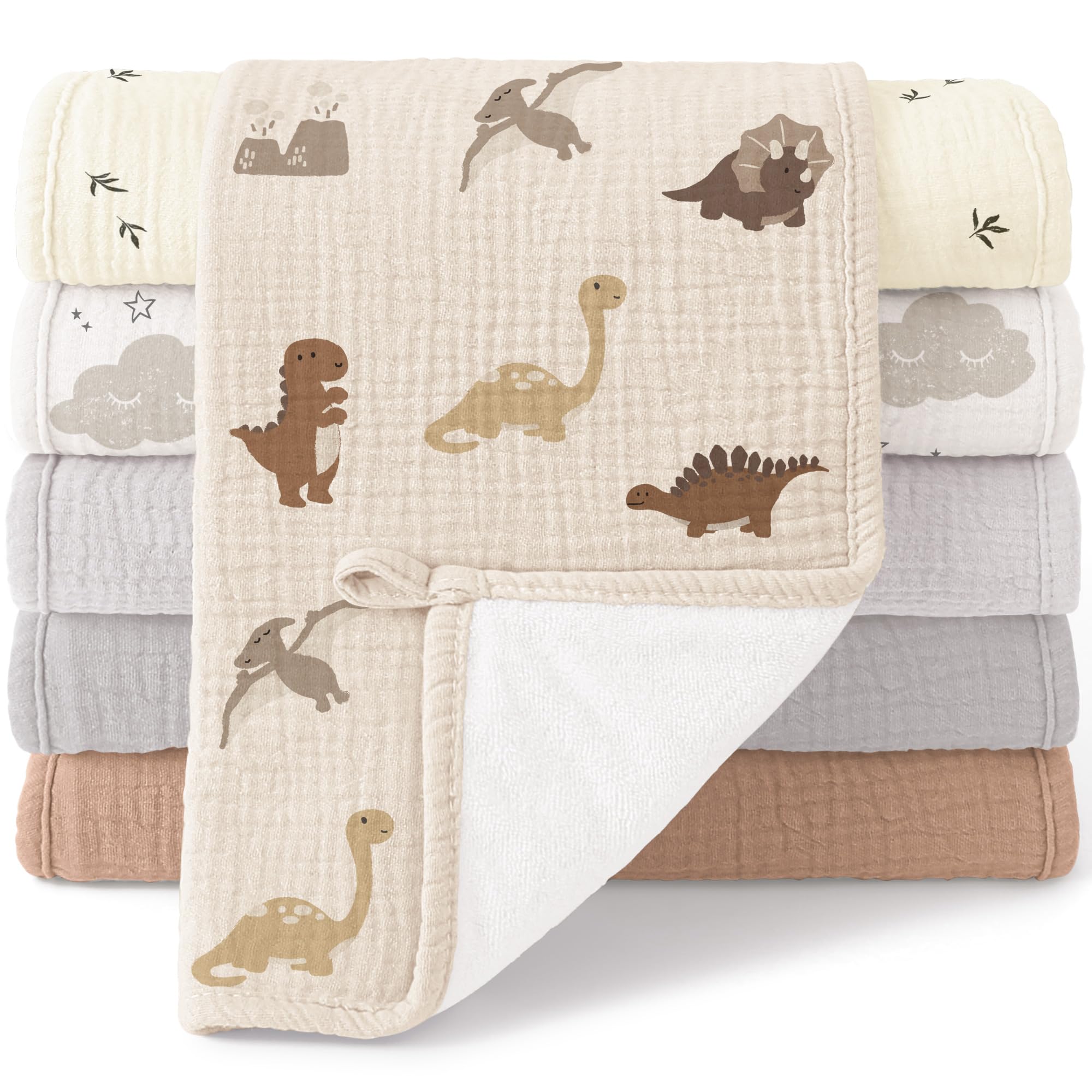 bearmoss Bambino in Mussola Per Neonati, 6 Pezzi, Set 50 X 25 Cm, Super Morbido Assorbente in Mussola A Grana Per Neonati, Unisex, Per Bambine E Ragazzi (Dinosauri)