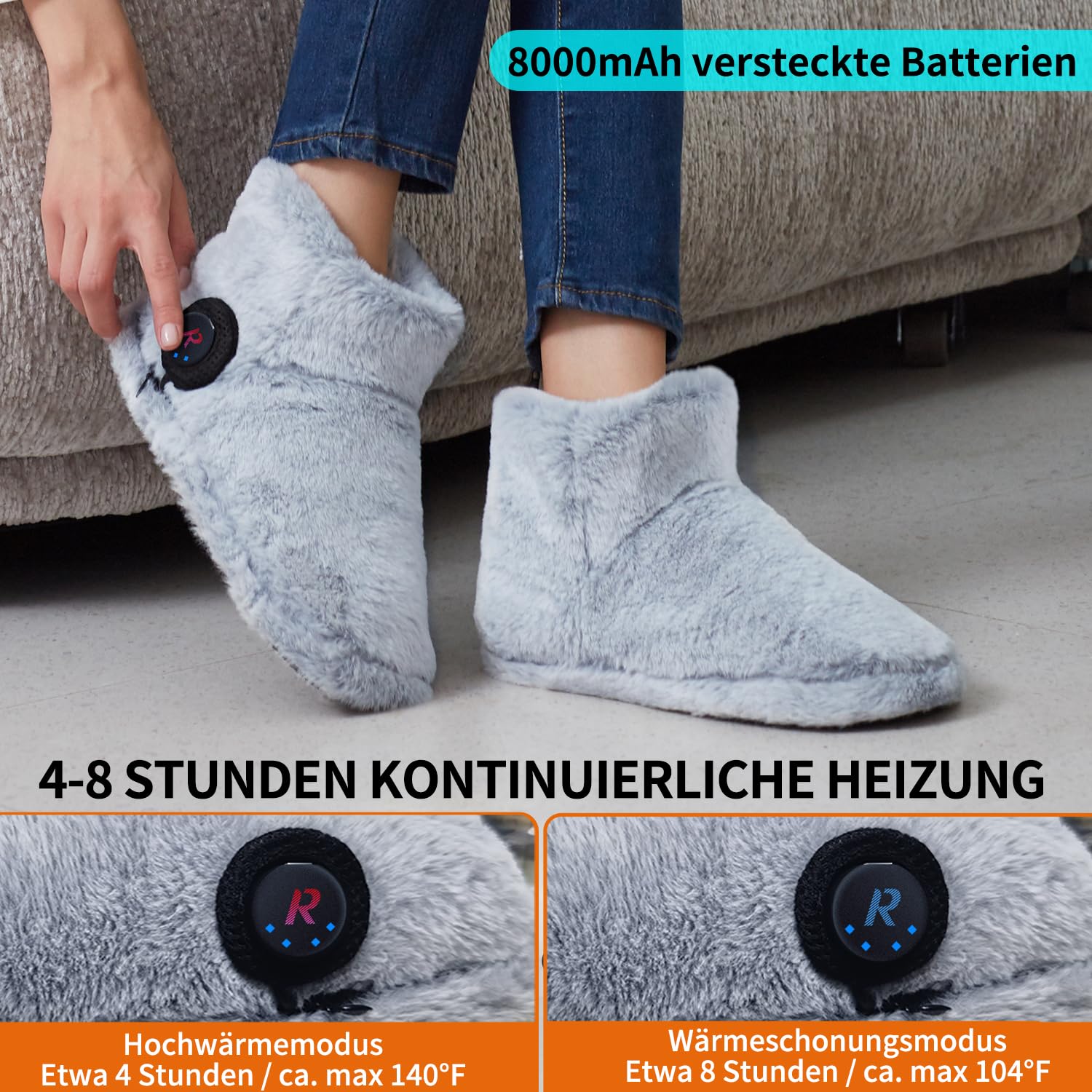 Wiederaufladbarer Fußwärmer für kalte Füße, Graphen beheizte Stiefel für Damen, 4-8 Stunden Wärme, Waschbar & Abnehmbar, Elektrisch beheizte Pantoffeln，Beheizbare Hausschuhe Indoor (grau)