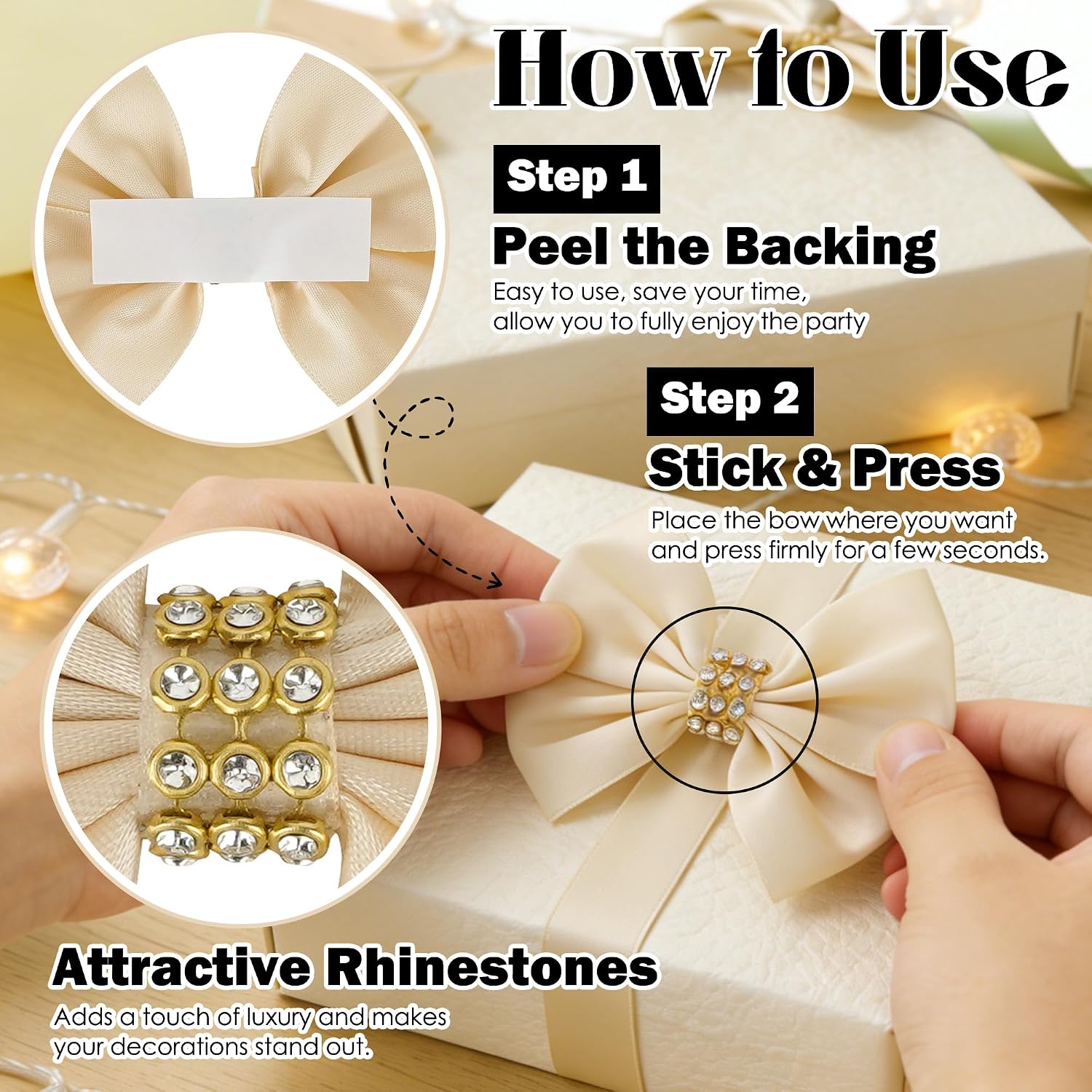 Champagne Self Adhesive 3.5" Gift Bows with Rhinestone 12 Counts image 3