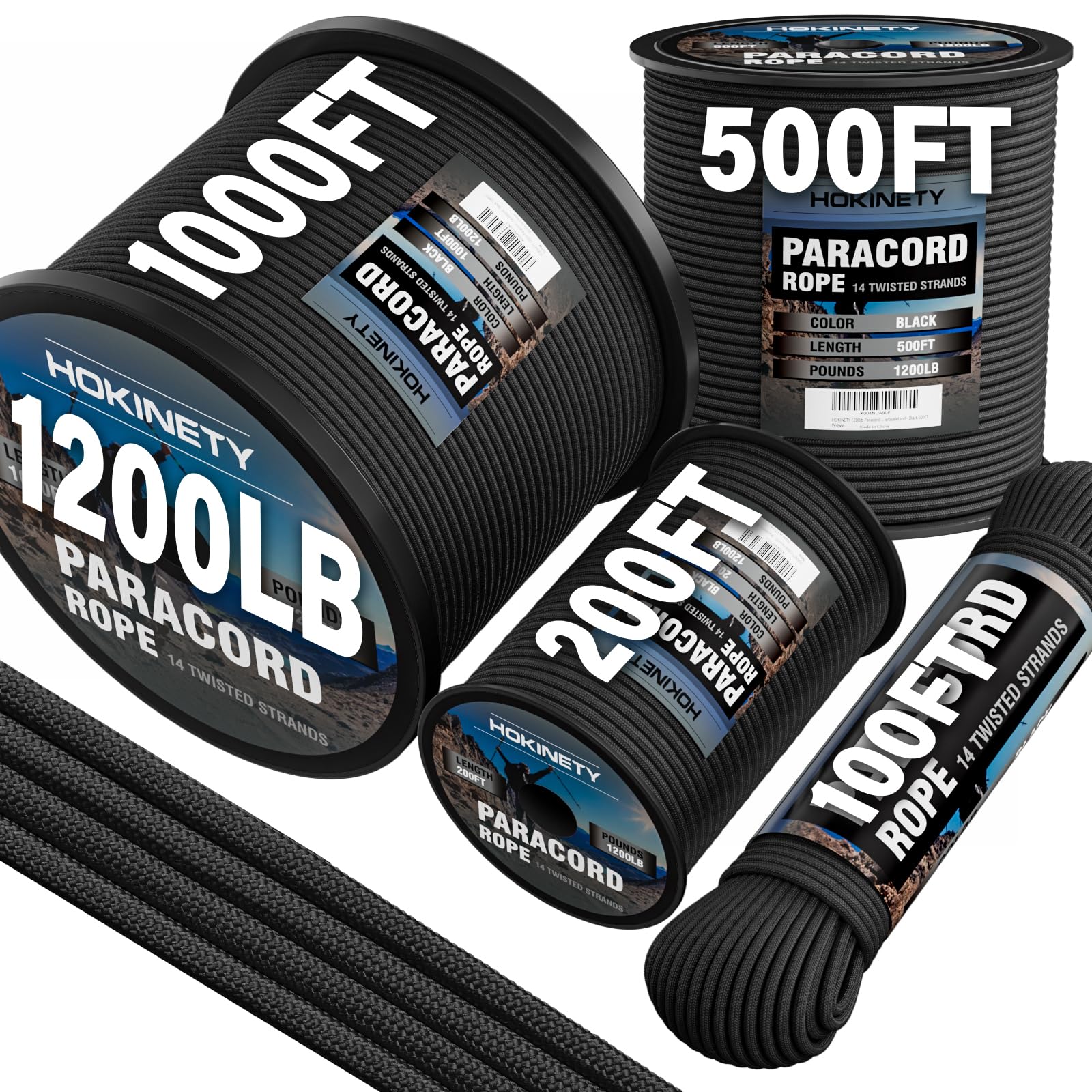 HOKINETY 1200Ib Paracord Rope - 100ft / 200ft / 500ft / 1000ft 4.4mm 14 Strand Parachute Spool Cordpara Cord Lanyard for Camping Survival Hiking Hammock Fishing Clothsline Braceletand - Black100FT