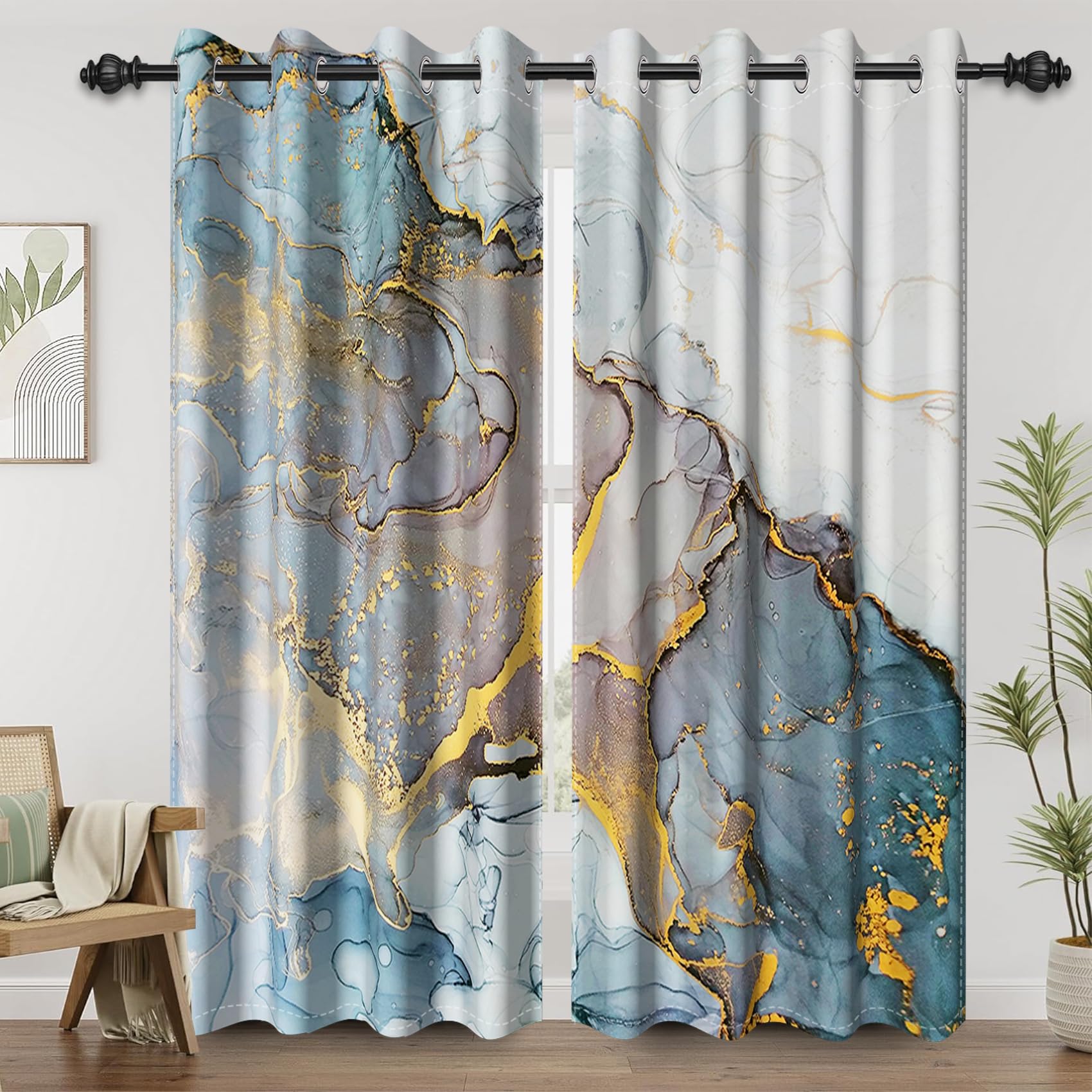 Renaiss Blue Gold Marble Blackout Curtains for Bedroom Abstract Golden Texture Window Curtain Modern Luxury Ink Art Window Drapes for Living Room