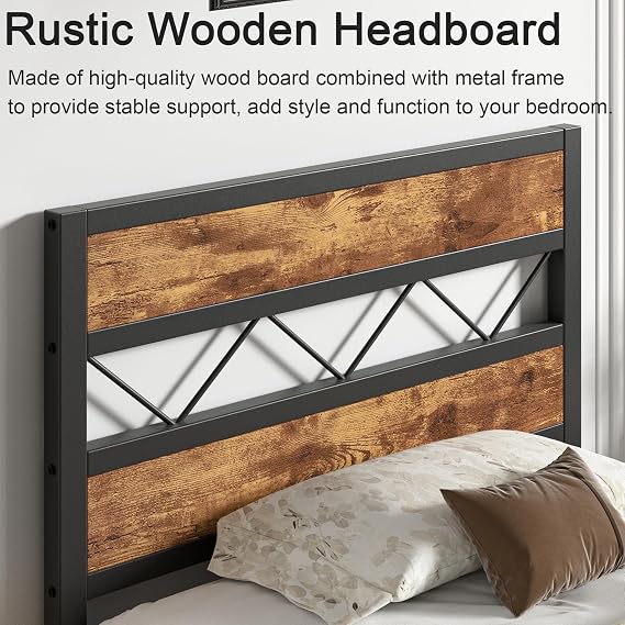 VECELO Single Bed Frame Set of 2 with Rustic Vintage Wooden Headboard, Heavy Duty Metal Slats Support, Platform Mattress Base No Box Spring Needed, No Noise, Easy Assembly