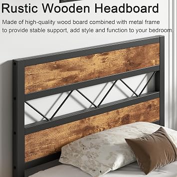 VECELO Single Bed Frame Set of 2 with Rustic Vintage Wooden Headboard, Heavy Duty Metal Slats Support, Platform Mattress Base No Box Spring Needed, No Noise, Easy Assembly