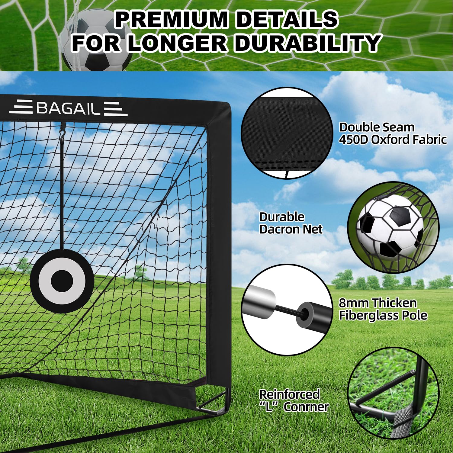 Bagail Fußballtor, Pop-Up-Fußballnetz mit Zieltor, Erdnägeln und Tragbarer Tragetasche, Einfach zu Montieren, Ideal für Gartentraining und Freizeitspiele