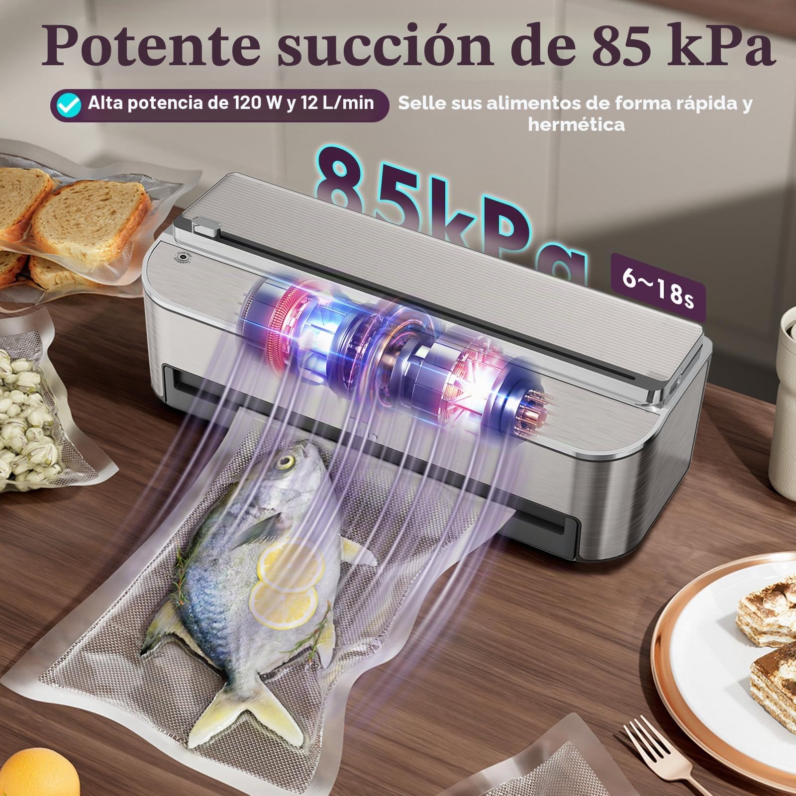 Mesliese 85kPa 120W Envasadora al Vacío, Cortador, 2 Rollos | 85kPa/120W, cortador y almacén integrados, modos seco/húmedo, tira 11,8", 2 rollos + 5 bolsas, garantía 5 años.