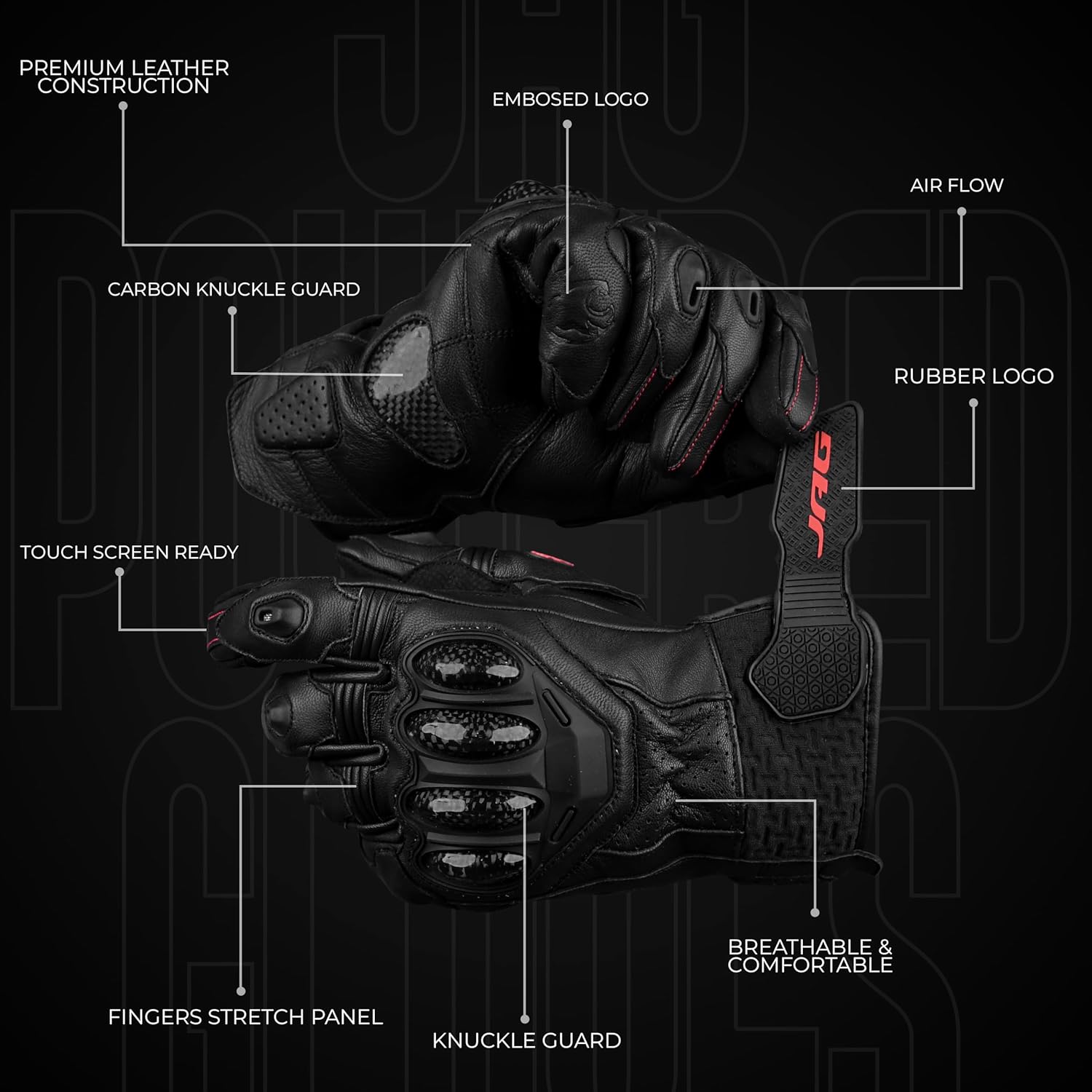 J.A.G. Leather Motorcycle Gloves for Men - Carbon Fiber Knuckle Protection, Motorbike Powersports, Dirt Bike, Touchscreen Gloves for Men and Women, Guantes para Moto. - Image 4