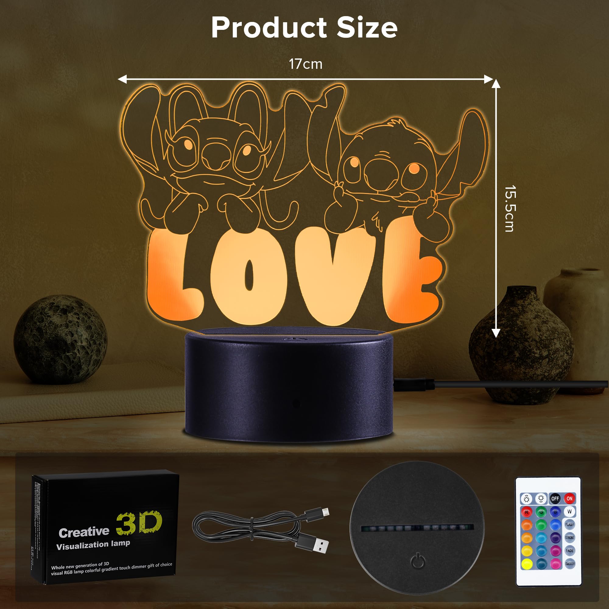 AMZFRRSM Stitch Lampada 3d Illusione Lilo Stitch Luce Notturna Touch Bambini Home Decor Lampada Da Tavolo Led Anime Gadget Natale, Compleanno Dei Fan, Regalo