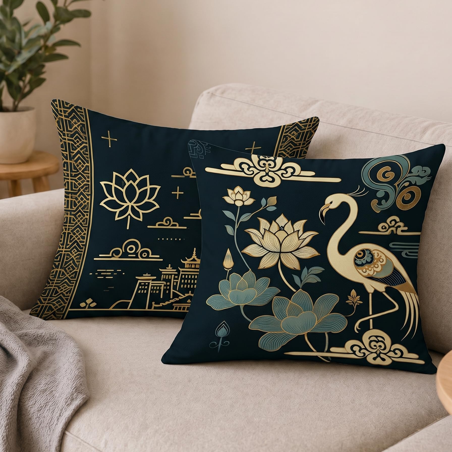 STITCHNEST Satin Cushion Covers with, Lotus & Gold Detailing – 24x24 Inch Decorative Pack of 2 for Living Room, Drawing Room, or Modern Ethnic Home Decor