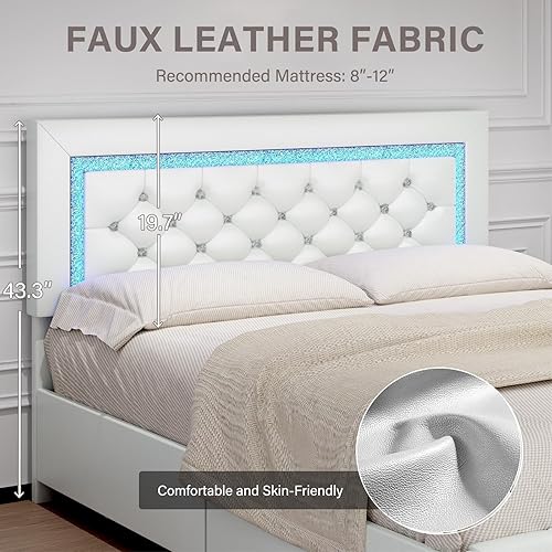 Miniatura 4 de Base de cama de tamaño matrimonial con luces LED, base de cama tapizado con cajones de almacenamiento, cama de plataforma princesa con cabecera y