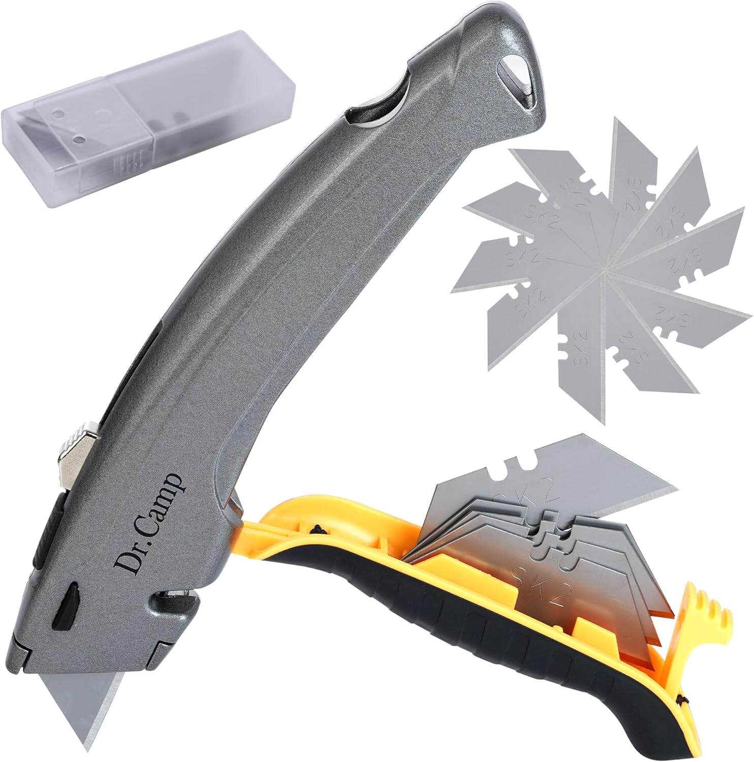 Dr.Camp Retractable Utility Knife Heavy Duty Box Cutter Zinc Alloy Razor Knife with 3 SK2 Blades Safety Box Opener for Cardboard Carpet Leather and Packages