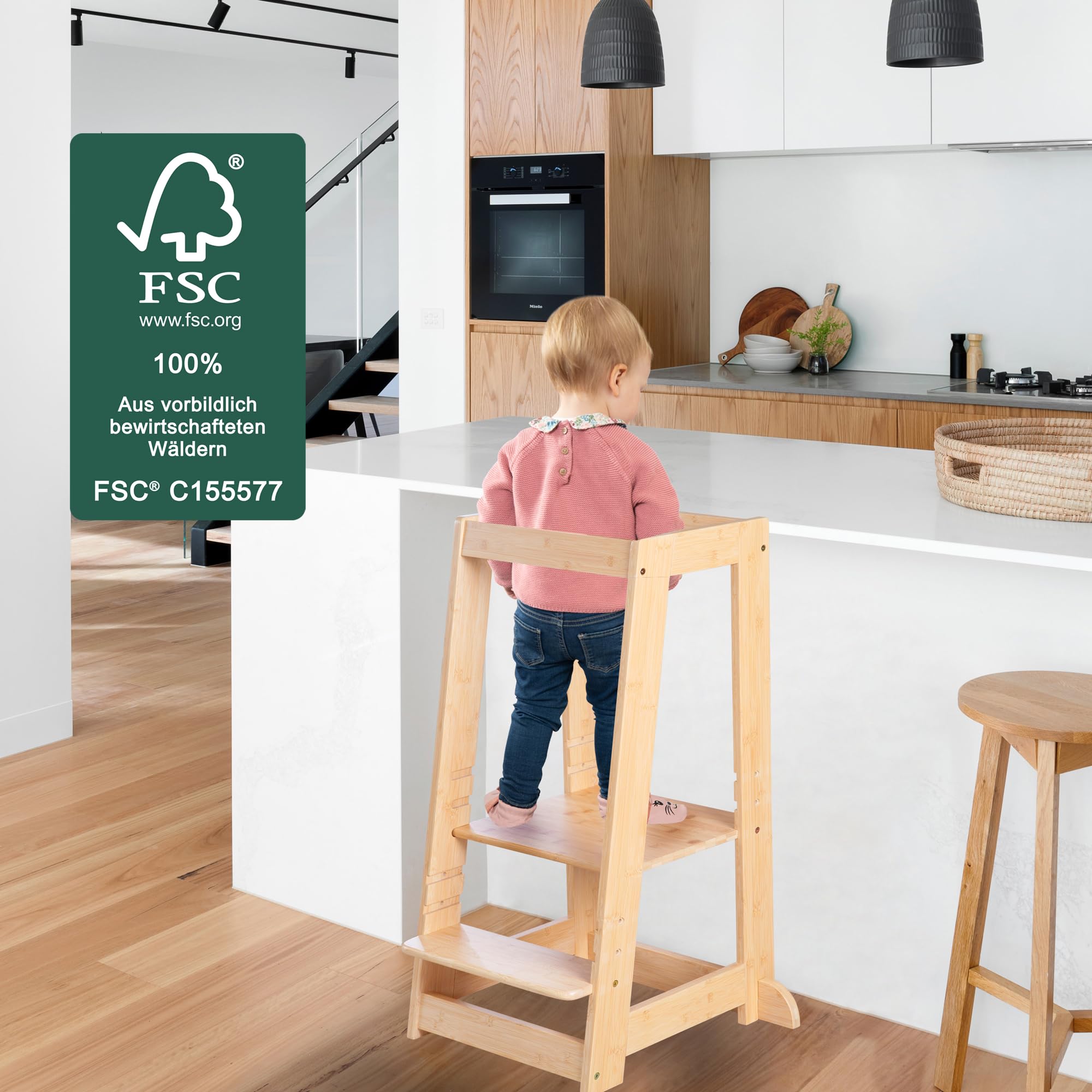 roba Tour d'apprentissage Selon Montessori en Bois de Bambou Certifié FSC - Tour d'Observation Sûre pour Enfants - Idéal comme Aide de Cuisine - Supporte 80 kg - Naturel